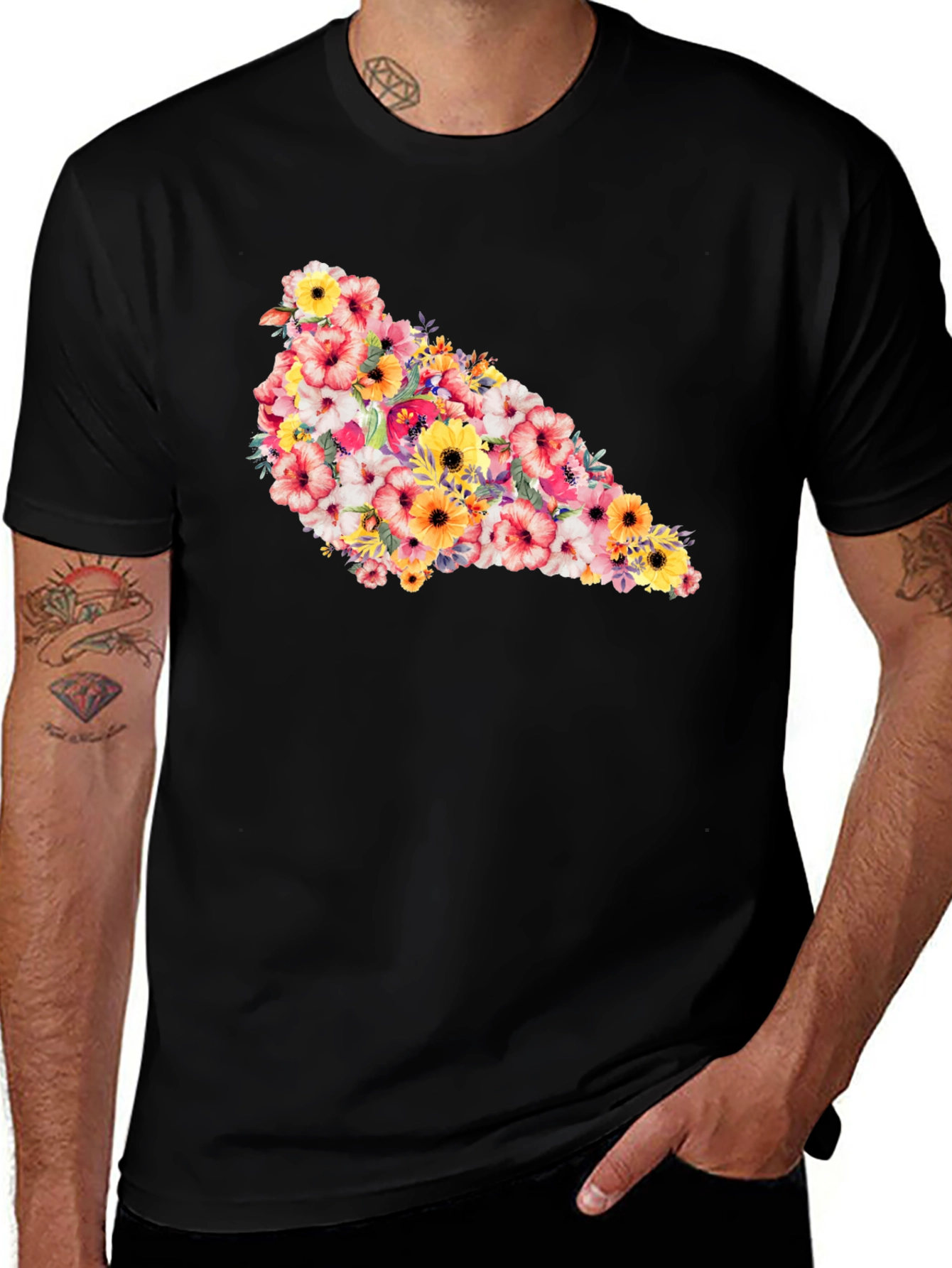 Variant 8 of Floral Pigeon Graphic Black T-Shirt