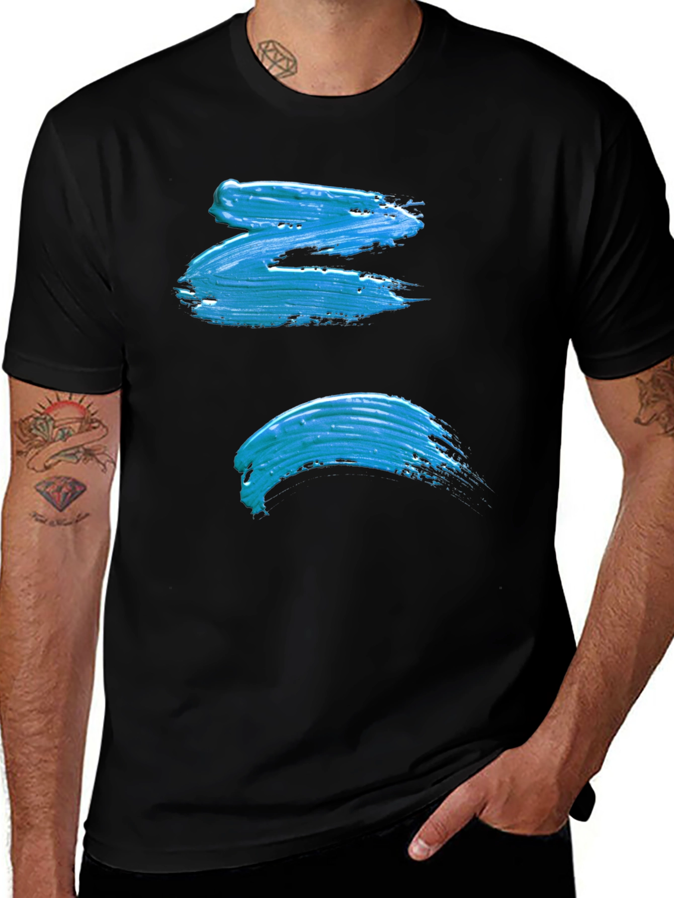 Abstract Blue Brush Stroke Graphic Black Tee