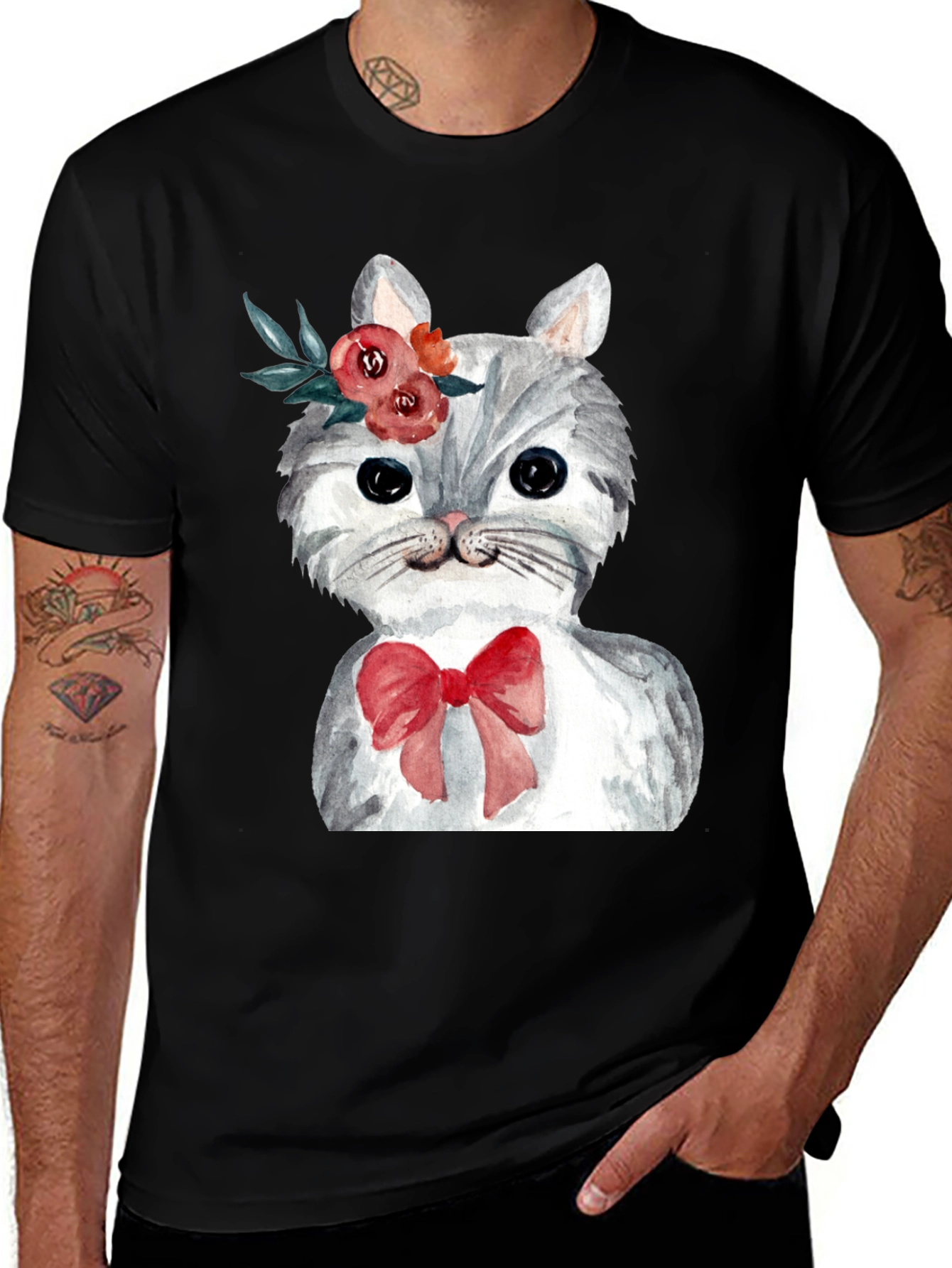 Variant 4 of Cat with Flowers & Bow T-Shirt - Black