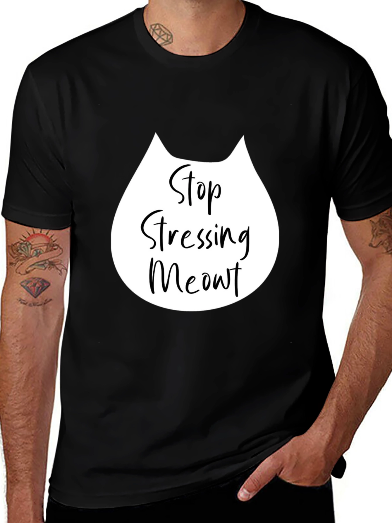 Stop Stressing Meowt Graphic Tee - Relaxed Fit Black T-Shirt