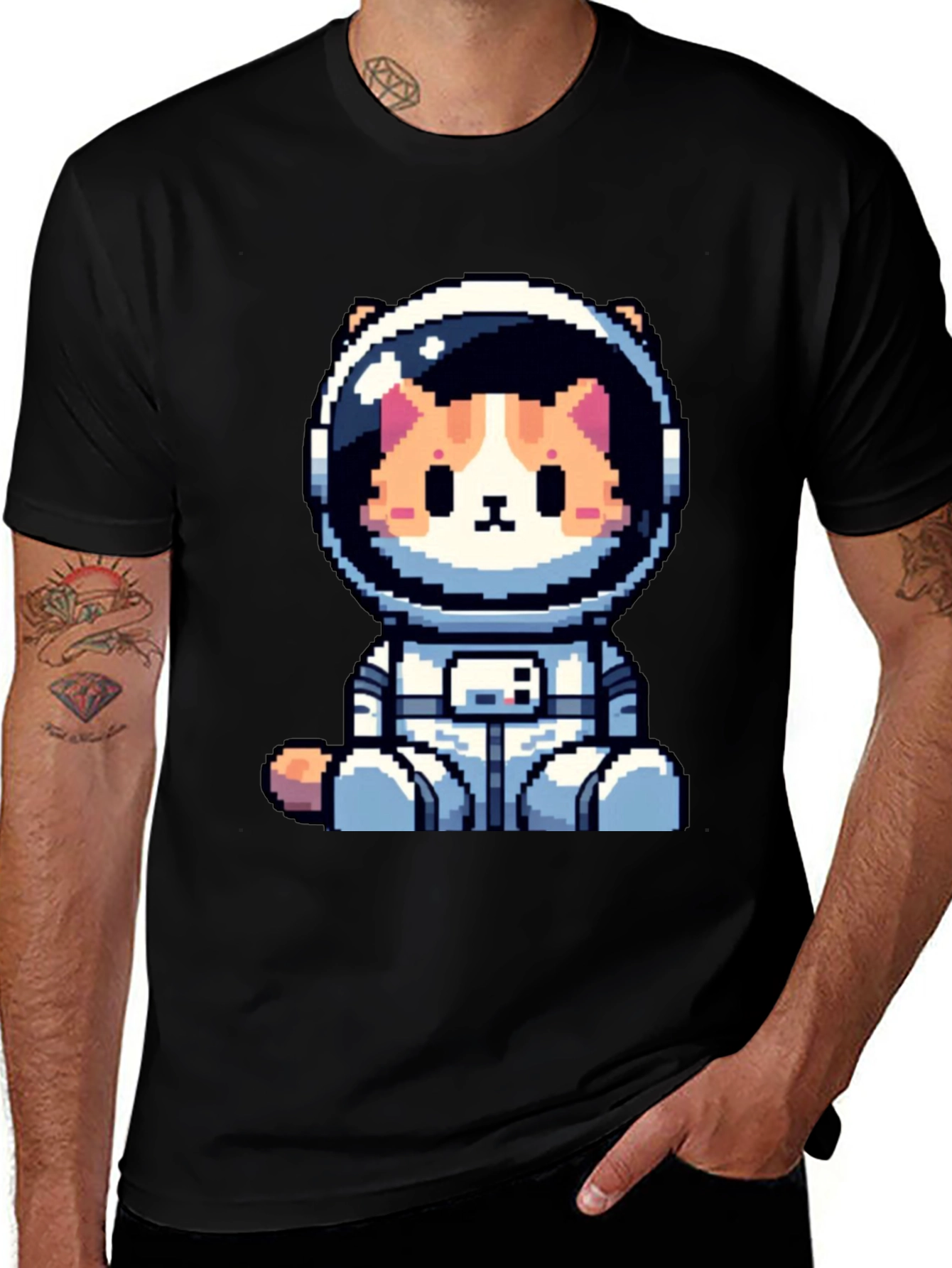 Astronaut Cat Pixel Art Black T-Shirt