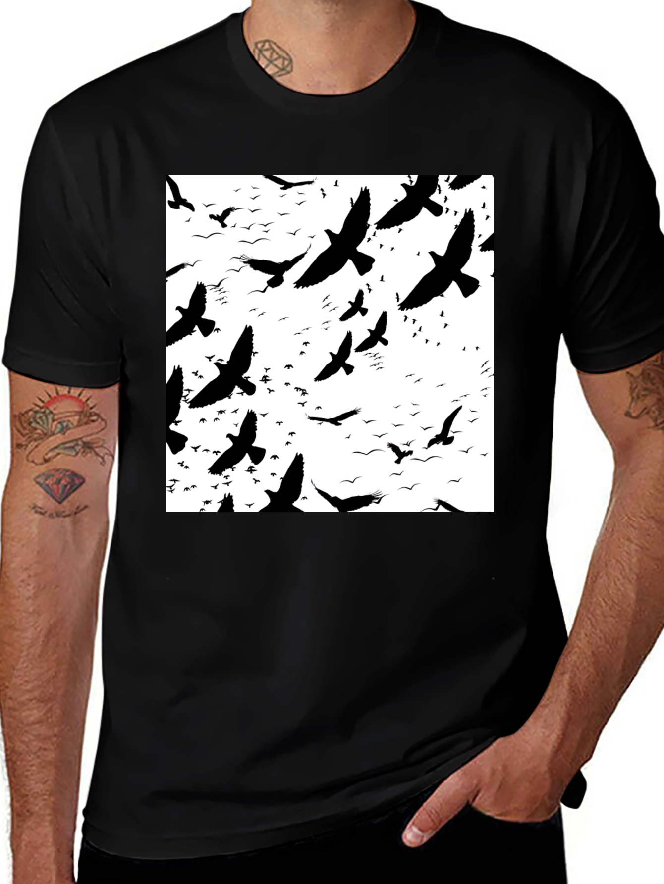 Bird Silhouette Graphic Print Black T-Shirt
