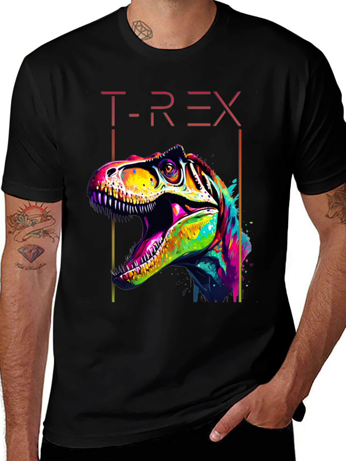 Variant 8 of Colorful T-Rex Graphic Print Black T-Shirt