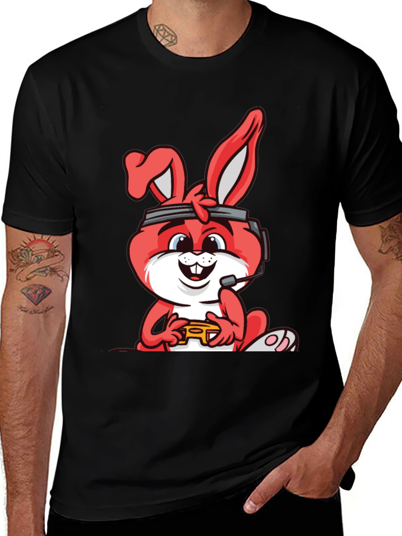 Variant 7 of Gamer Bunny Graphic Tee - Black Cotton T-Shirt