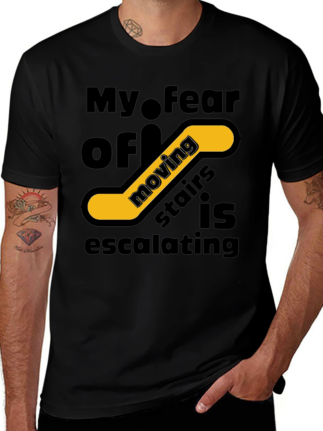 Variant 8 of Funny Escalator Humor T-Shirt - Escalating Stairs Fear Tee