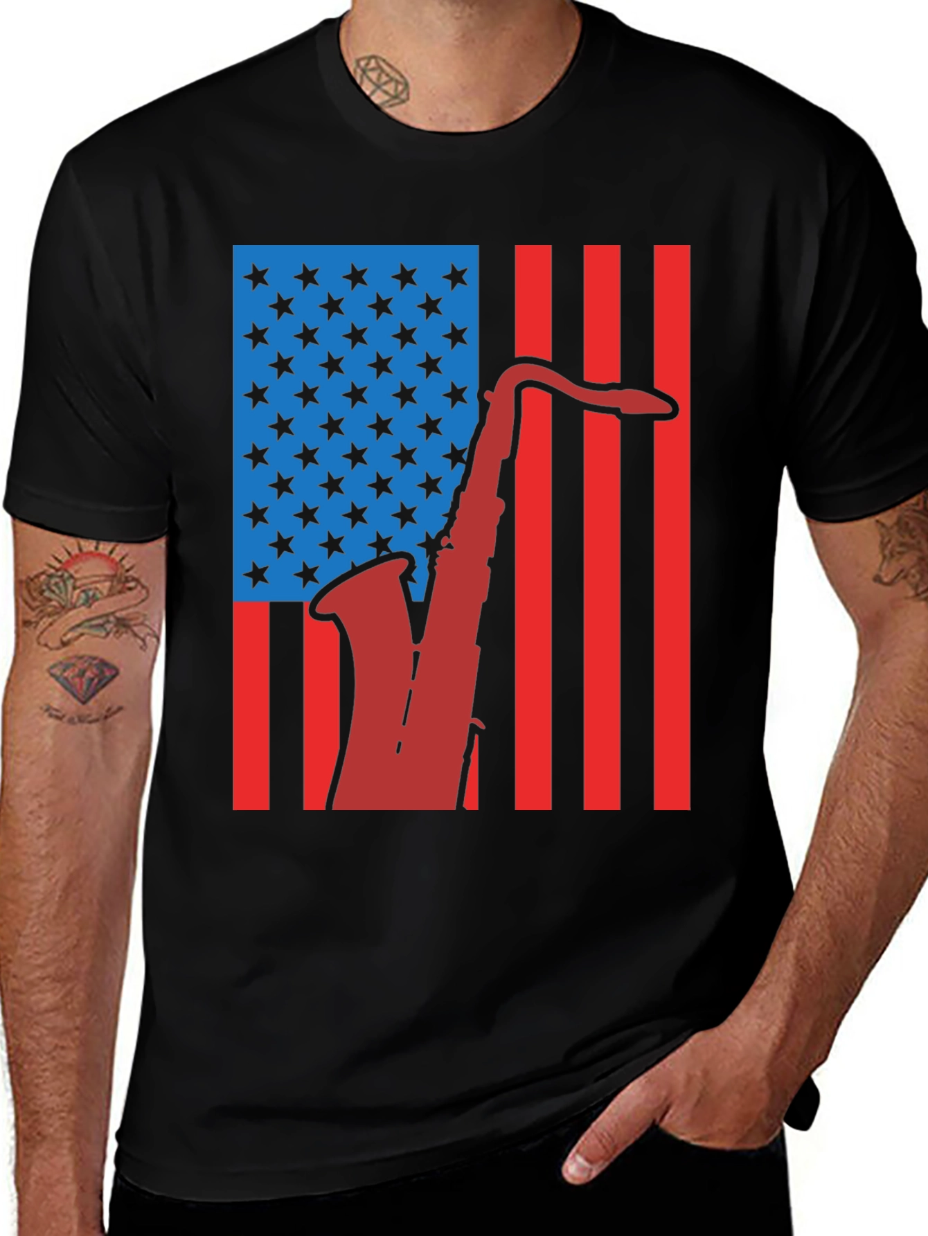 Variant 15 of American Flag Saxophone Graphic Tee