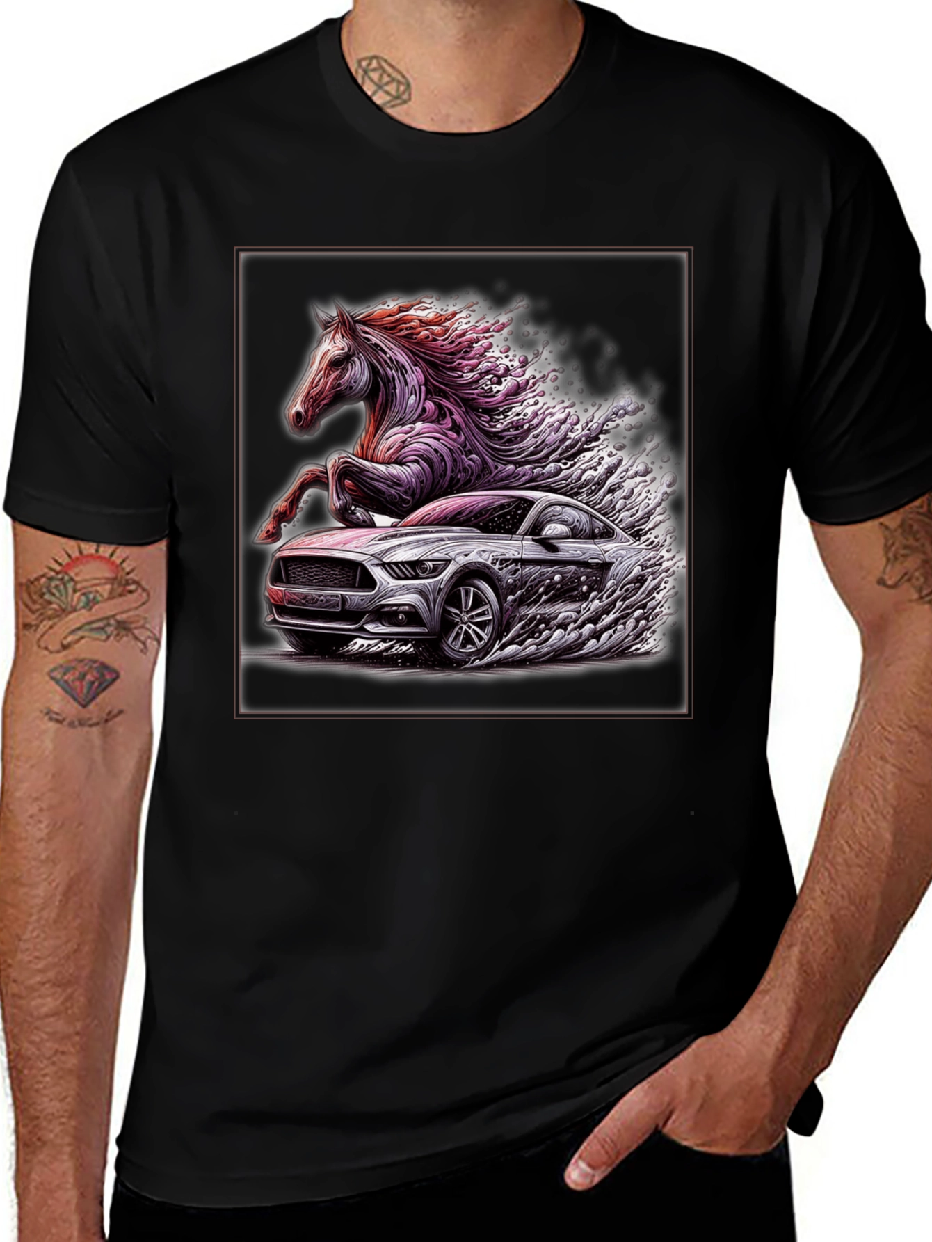 Variant 27 of Horse & Car Graphic Tee - Men's Black T-Shirt