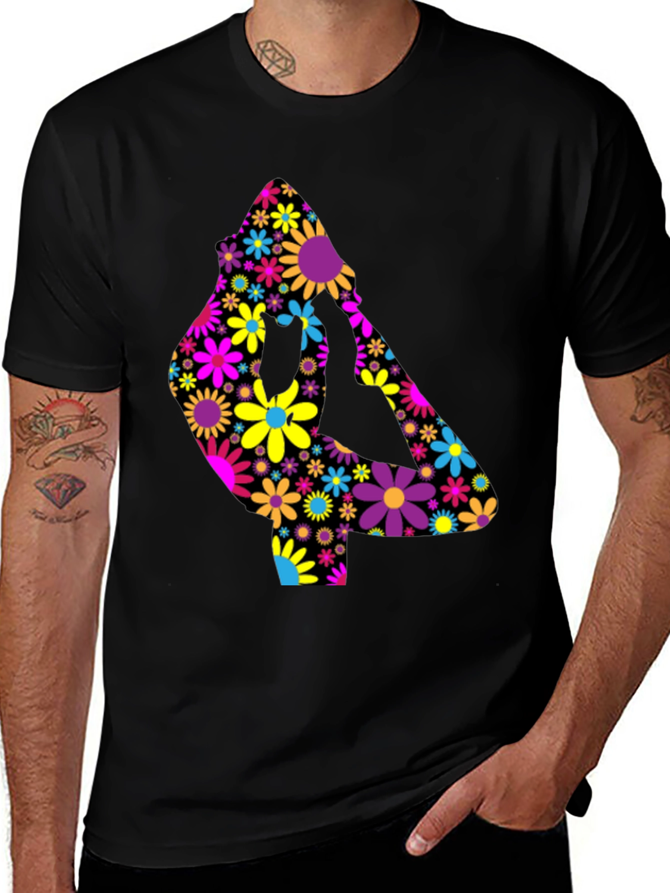 Variant 29 of Floral Yoga Pose T-Shirt - Black Cotton Tee
