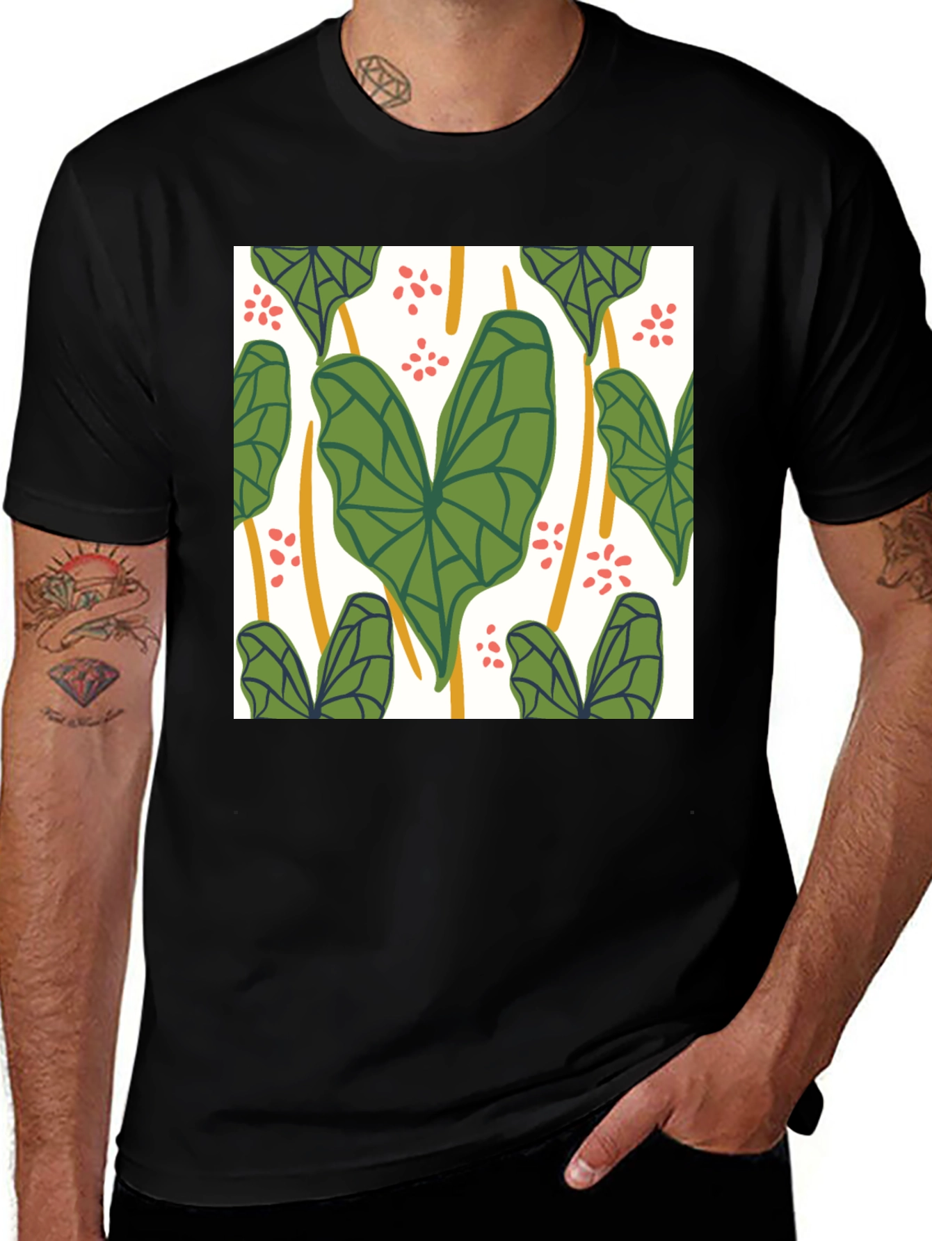 Variant 12 of Leaf Print Black T-Shirt - Modern Botanical Style