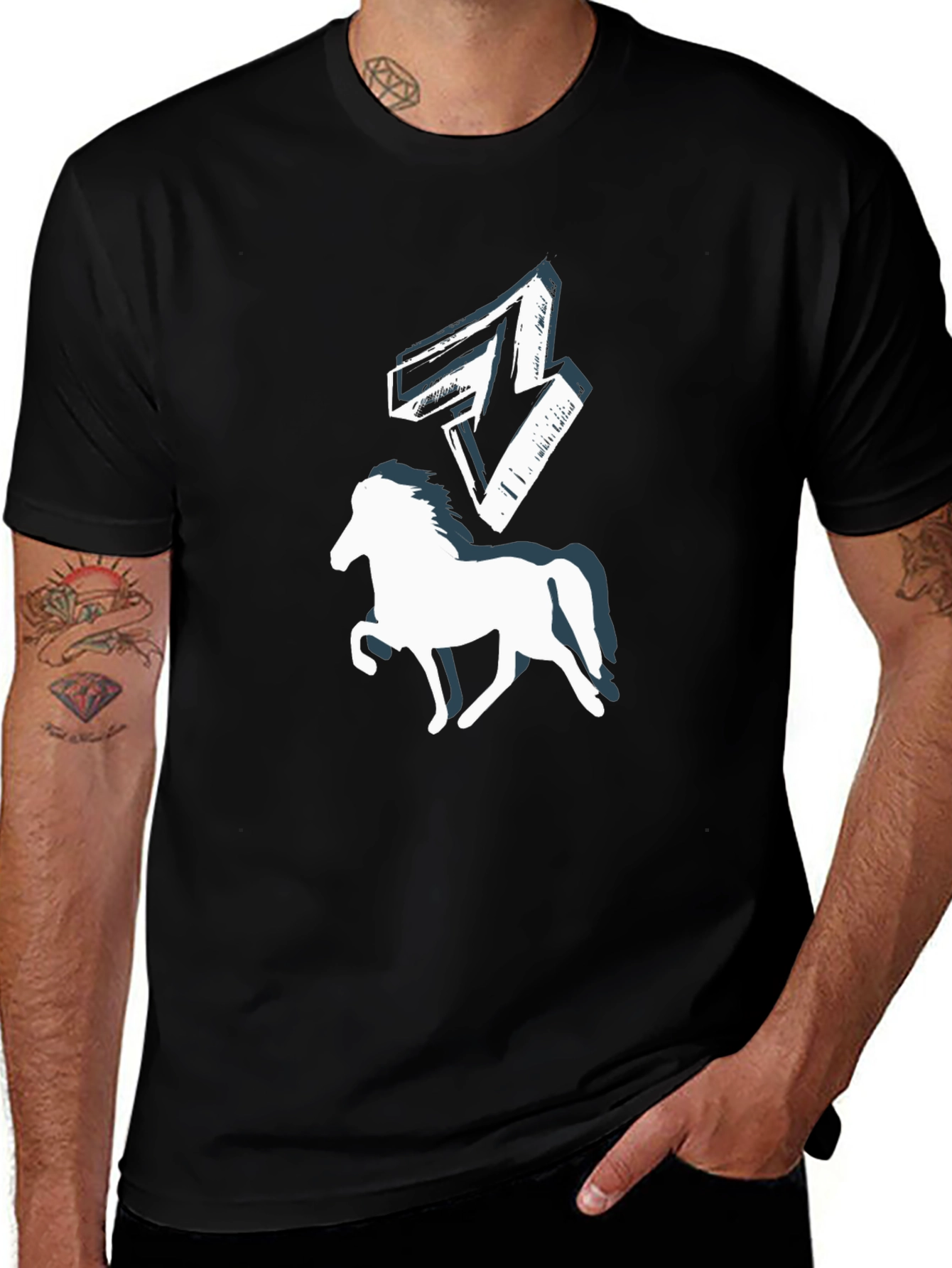 Variant 3 of Graphic Tee: Horse & Bolt Design - Casual Black T-Shirt