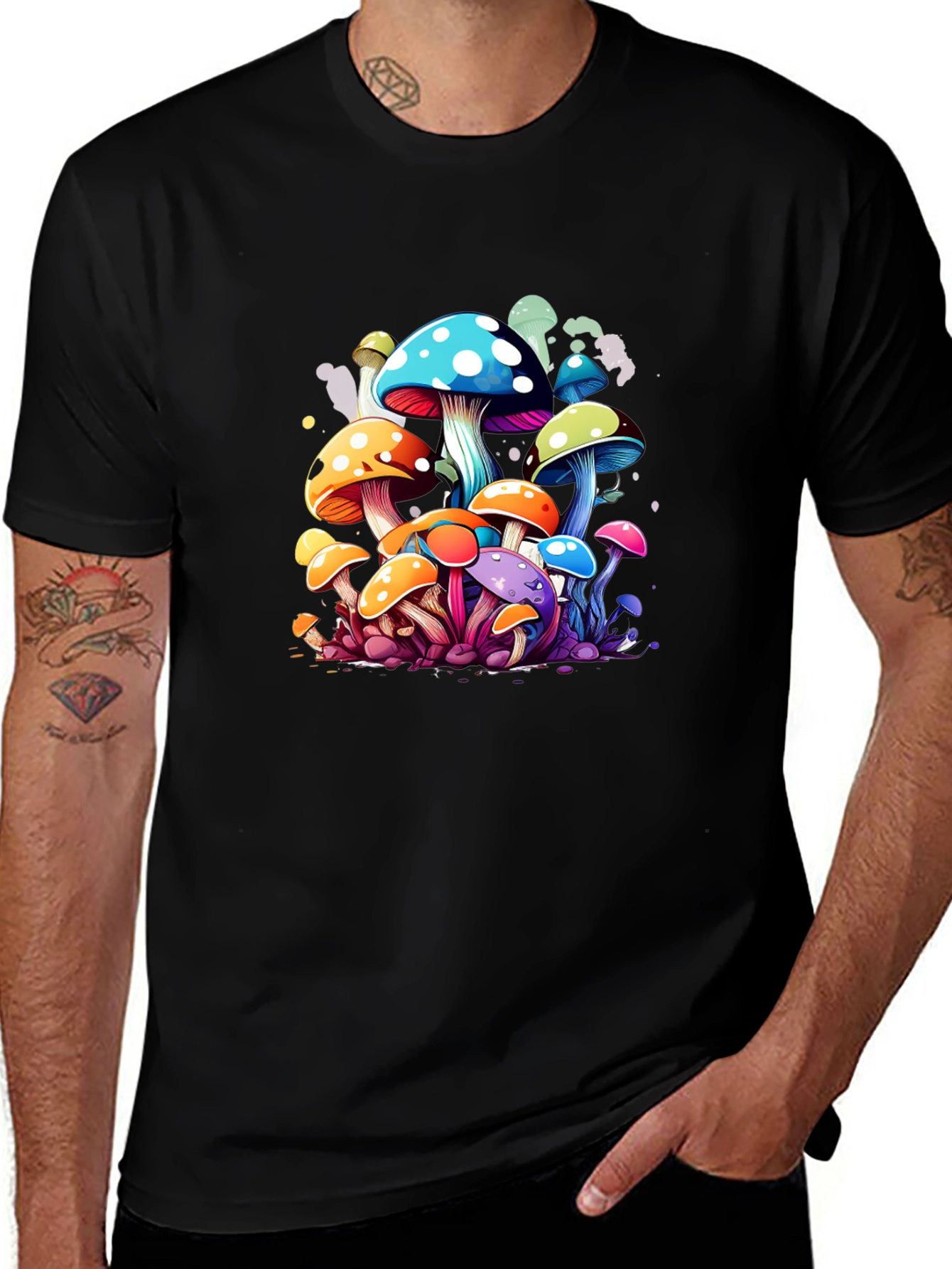 Variant 8 of Colorful Mushroom Graphic Print Black T-Shirt