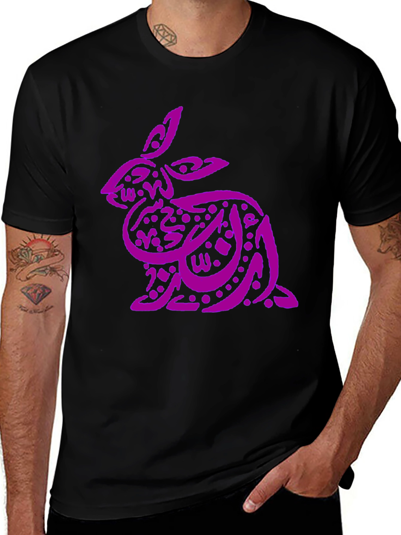 Variant 6 of Purple Arabic Calligraphy Rabbit on Black T-Shirt