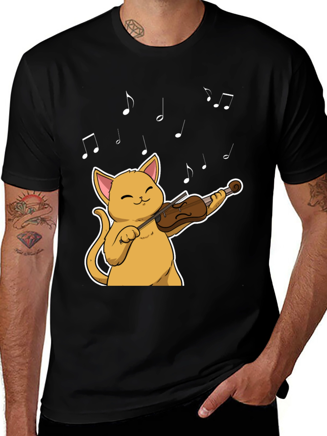 Variant 25 of Cat Violinist Black T-Shirt - Musical Feline Tee
