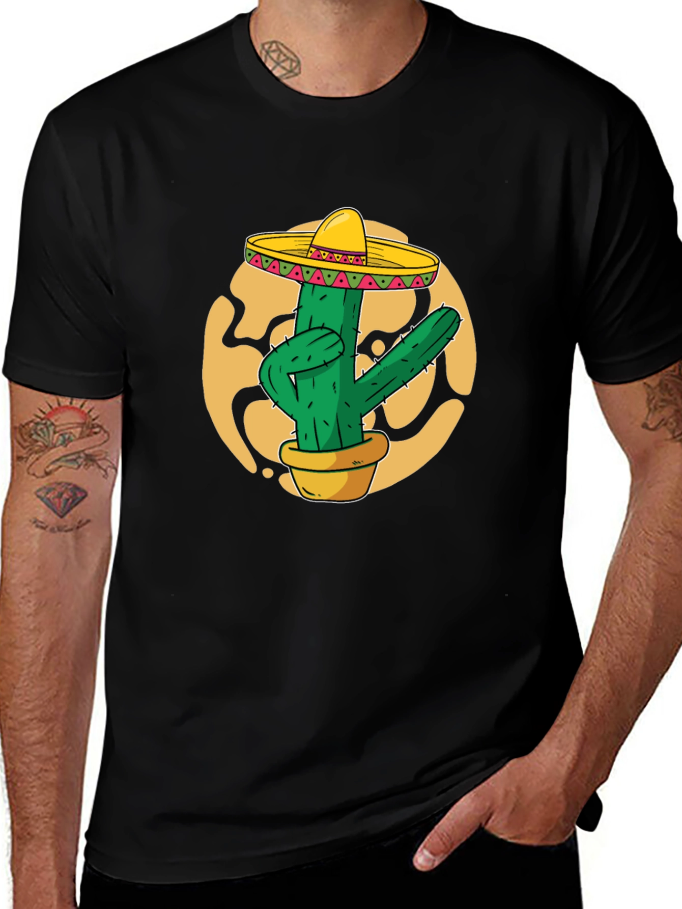 Black Cactus Sombrero Graphic T-Shirt - Black Cotton Tee main image