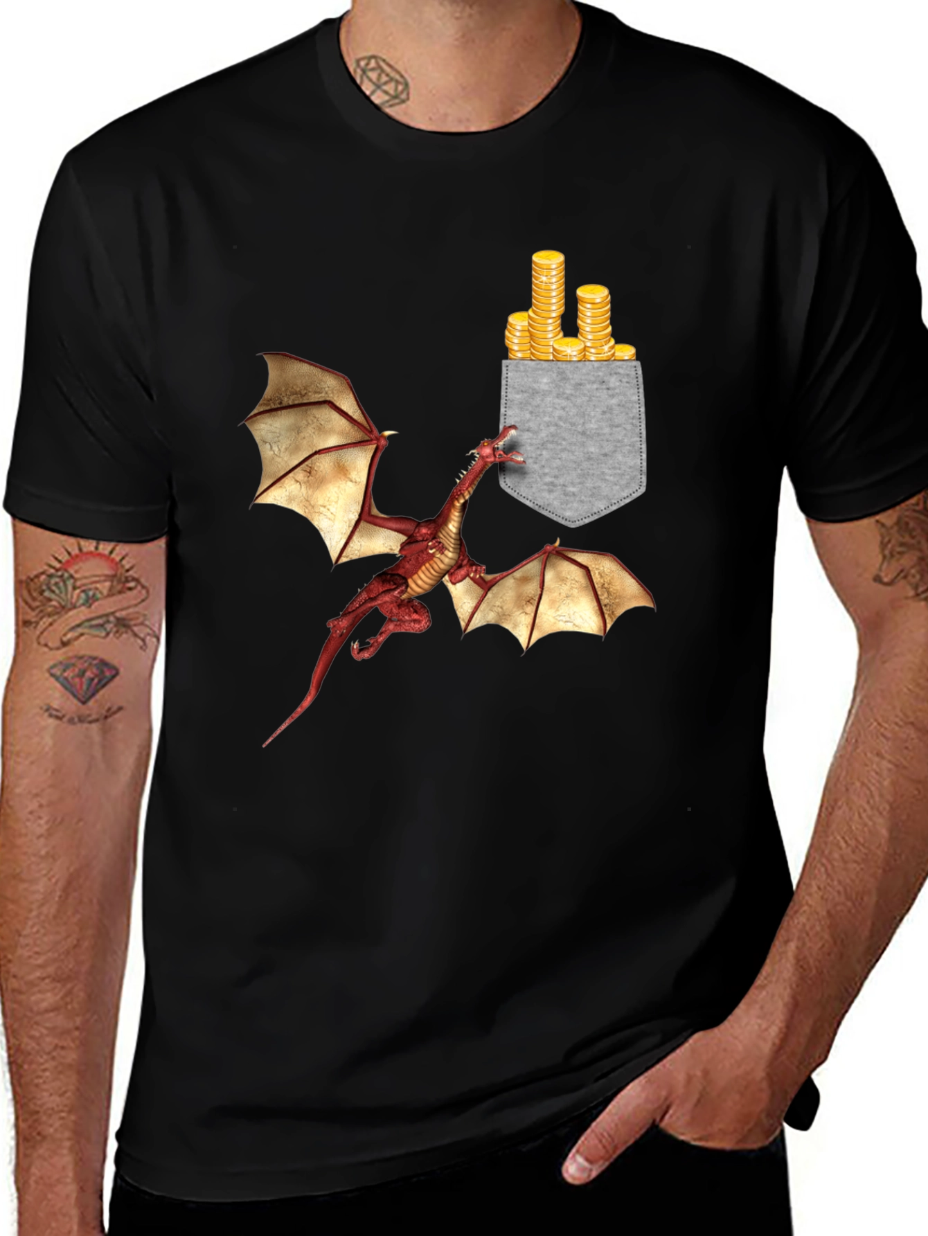 Dragon and Coins Pocket Print Black T-Shirt