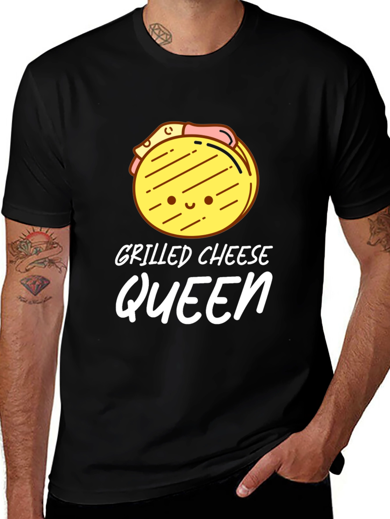 Variant 10 of Grilled Cheese Queen T-Shirt - Black, Cute Cartoon Design