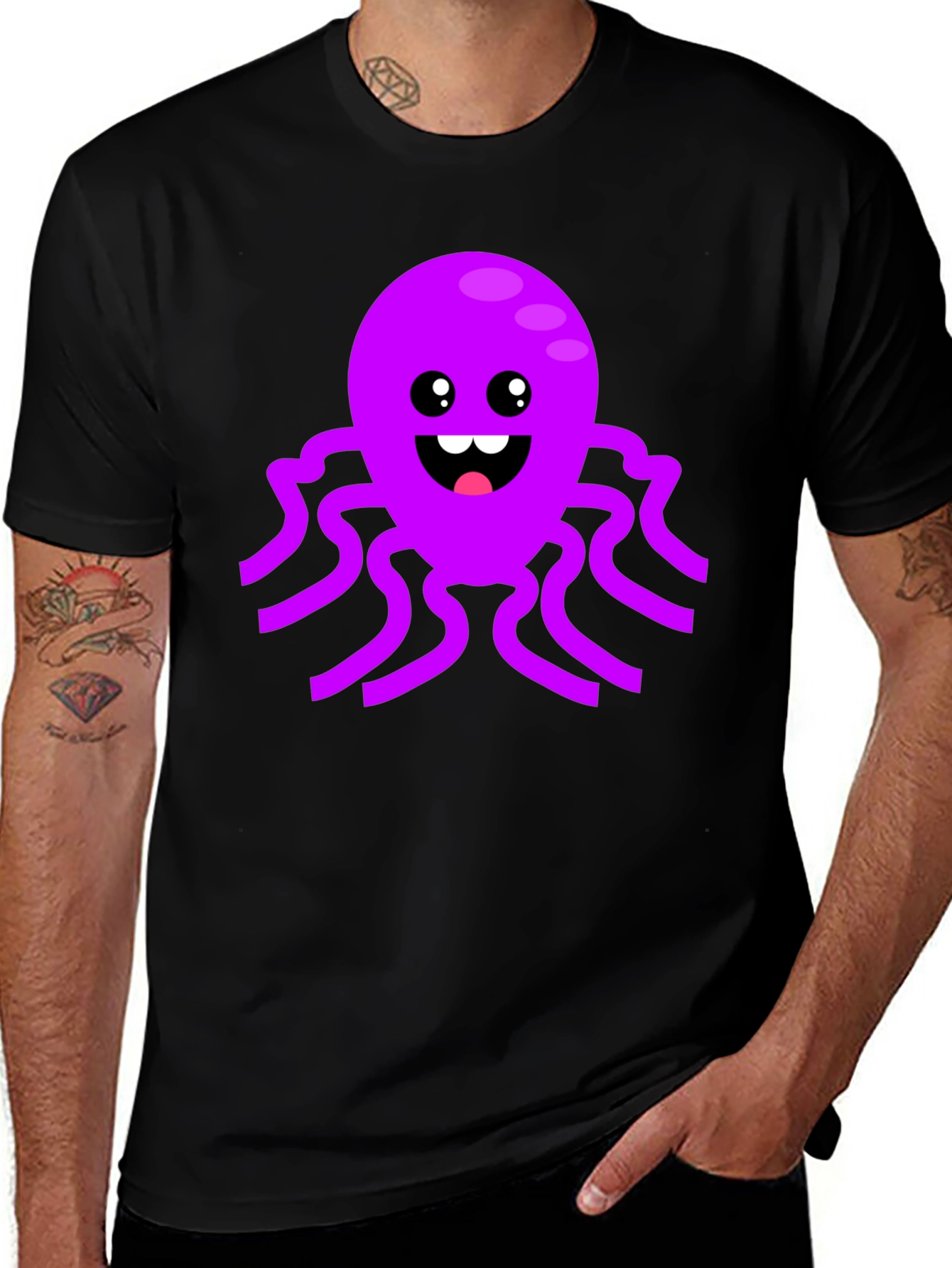 Variant 17 of Cute Octopus Graphic Tee - Black Cotton T-Shirt