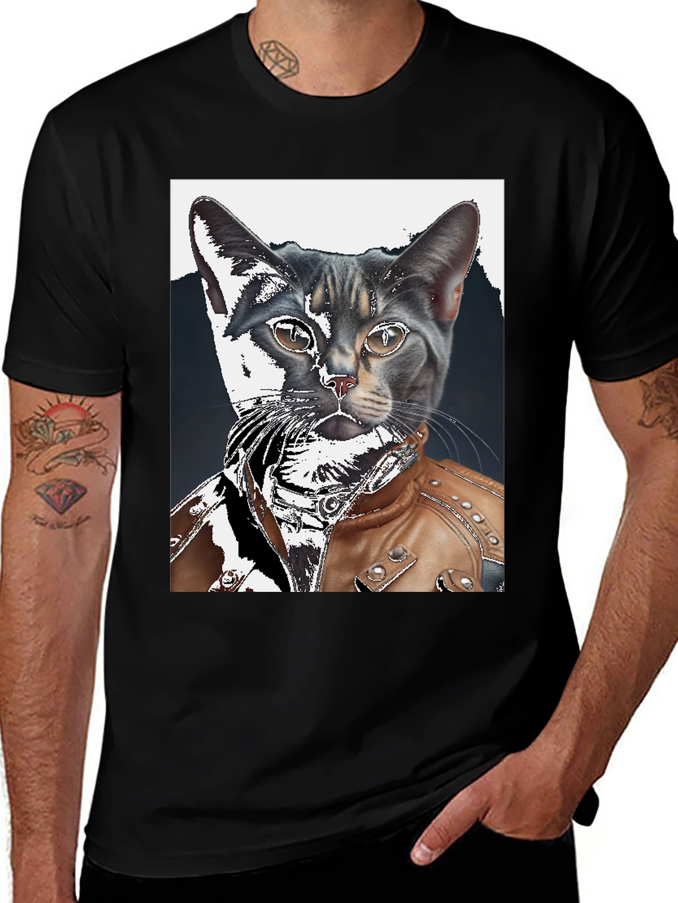Variant 9 of Cool Cat in Leather Jacket T-Shirt