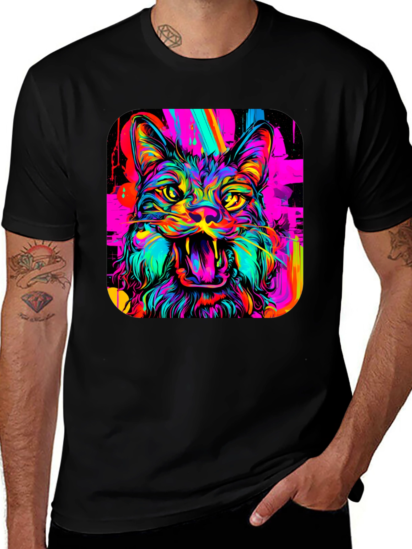 Variant 26 of Neon Cat Graphic Tee - Bold Artistic Design
