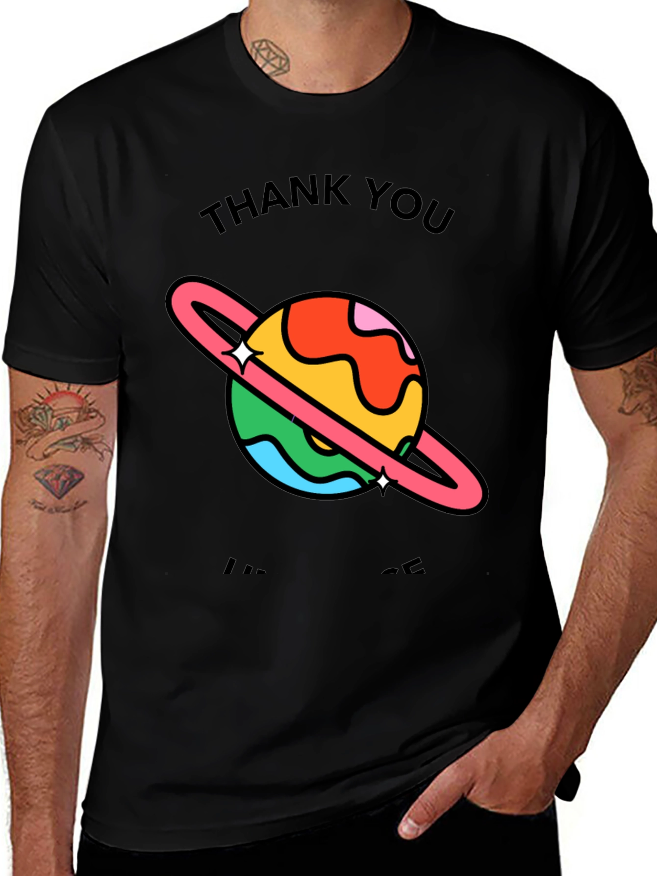 Thank You Planet Graphic T-Shirt - Black Crew Neck Tee