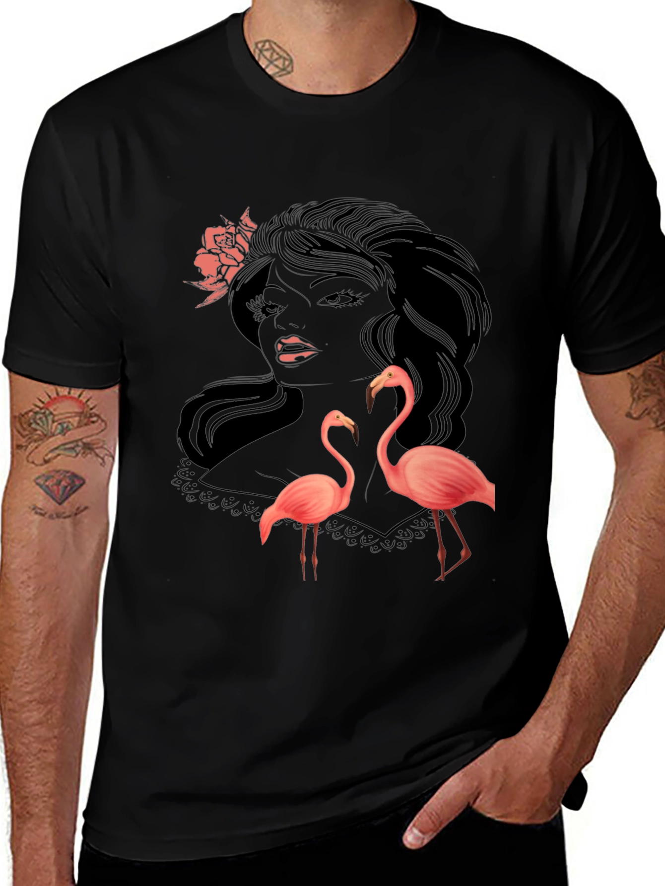 Variant 5 of Stylish Black Graphic Tee with Flamingo Design