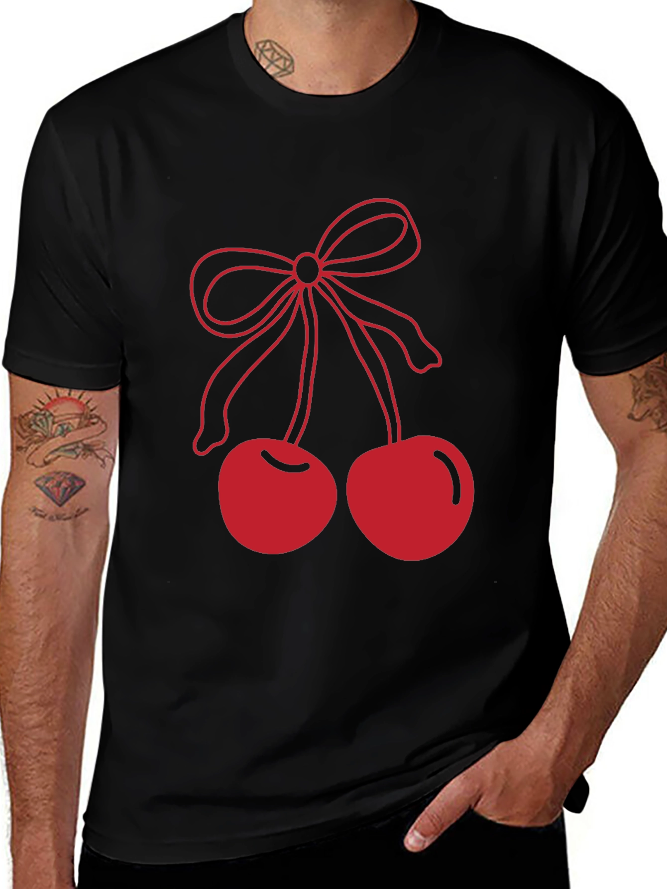 Variant 11 of Red Cherry Bow Graphic Black T-Shirt