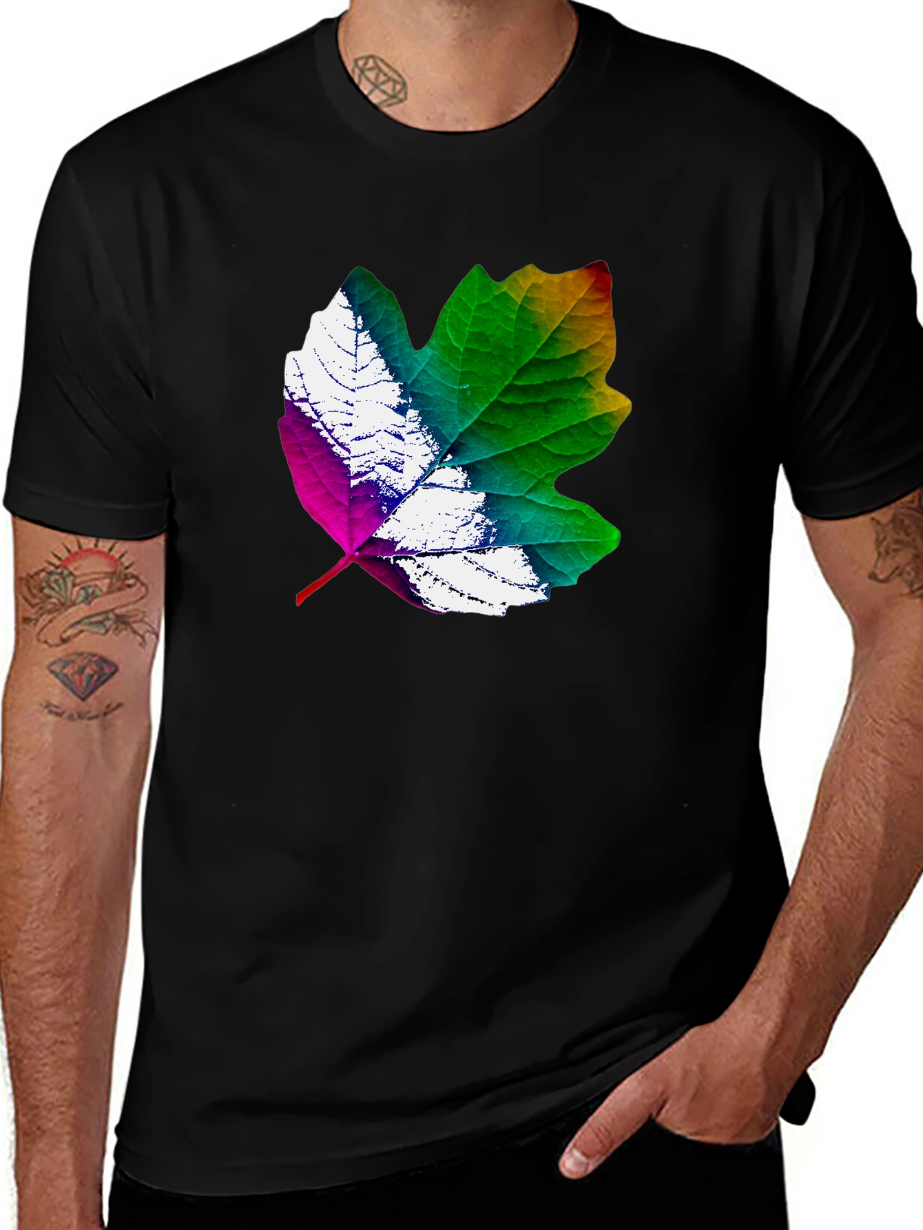 Variant 28 of Rainbow Leaf Graphic Tee - Black Cotton T-Shirt
