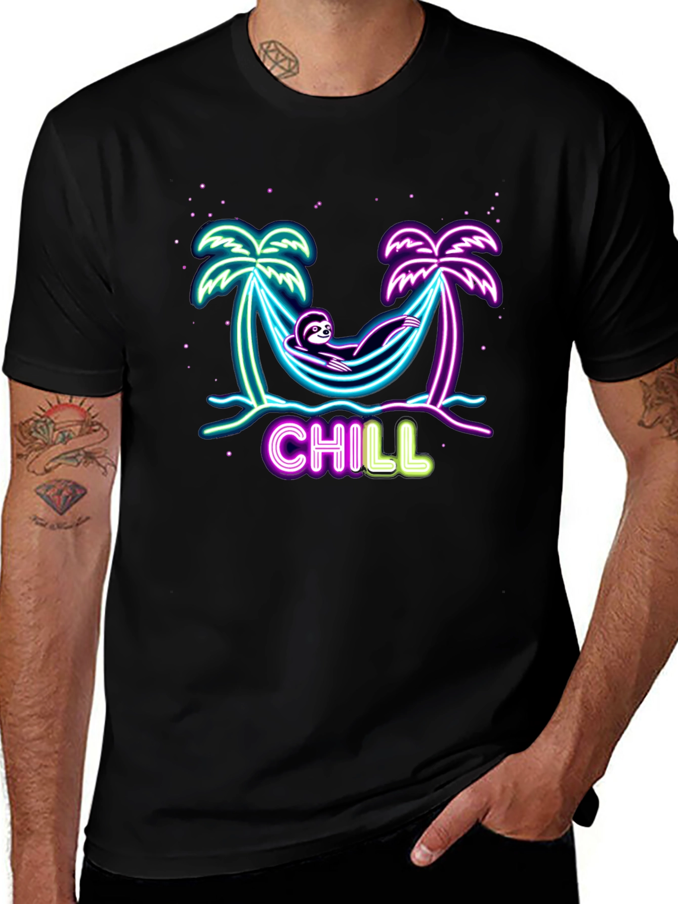 Variant 15 of Chill Sloth Hammock T-Shirt - Neon Palm Design