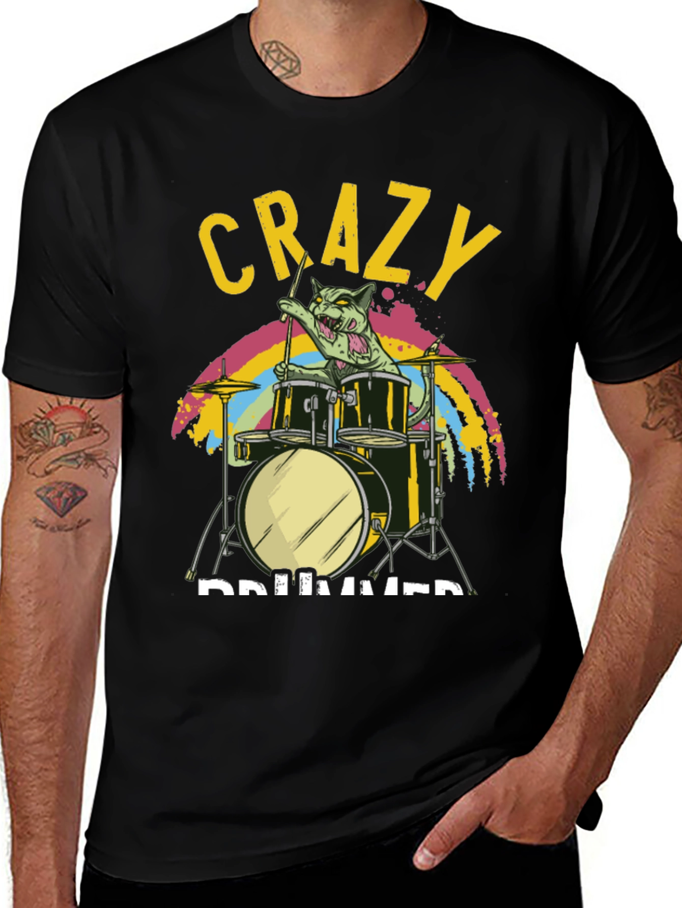 Variant 9 of Crazy Drummer Cat T-Shirt - Black Graphic Tee