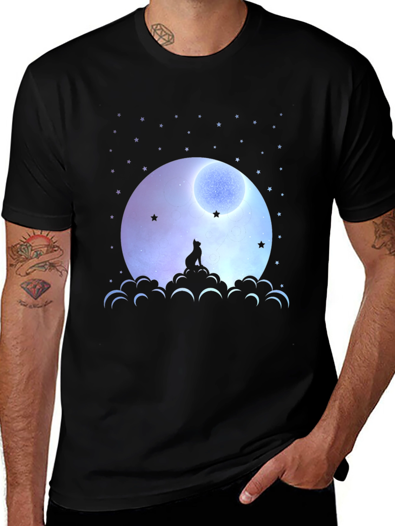 Variant 5 of Moon Gazing Cat Graphic Tee - Black Cotton T-Shirt