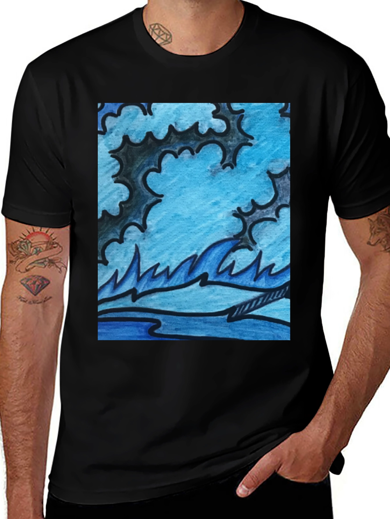 Variant 15 of Abstract Blue Wave Graphic Black T-Shirt