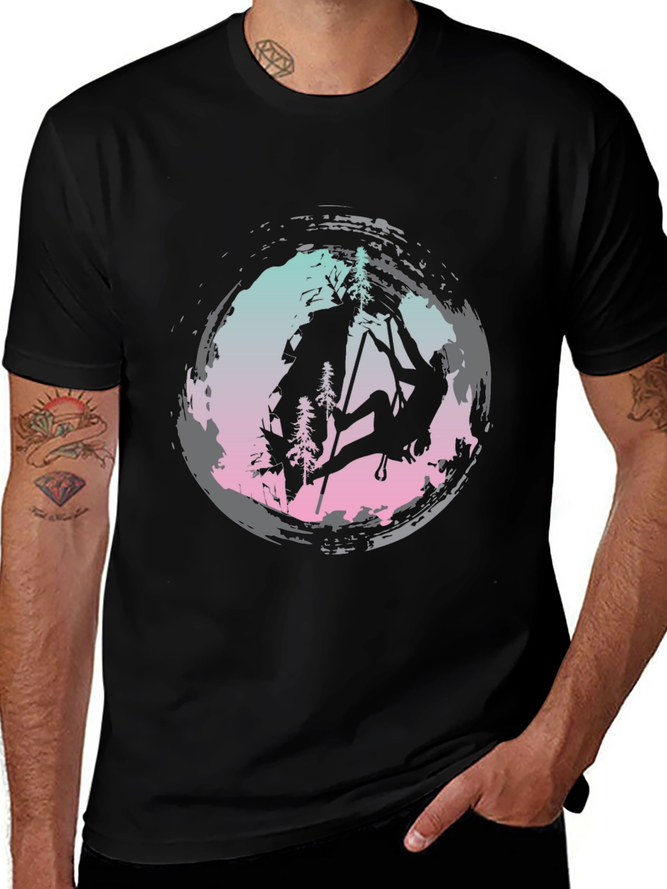 Variant 25 of Climbing Silhouette Graphic Tee - Black Cotton Shirt