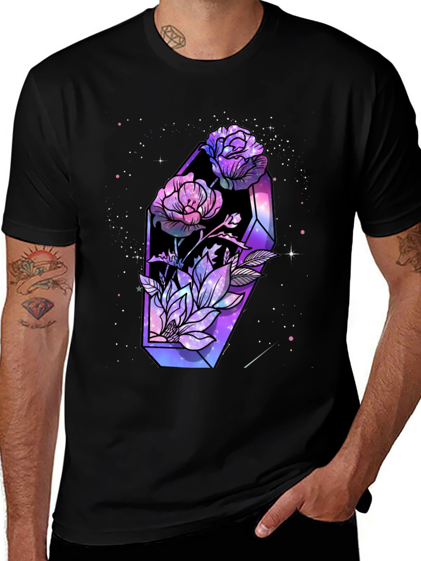 Mystic Floral Coffin Tee - Gothic Galaxy Roses T-Shirt