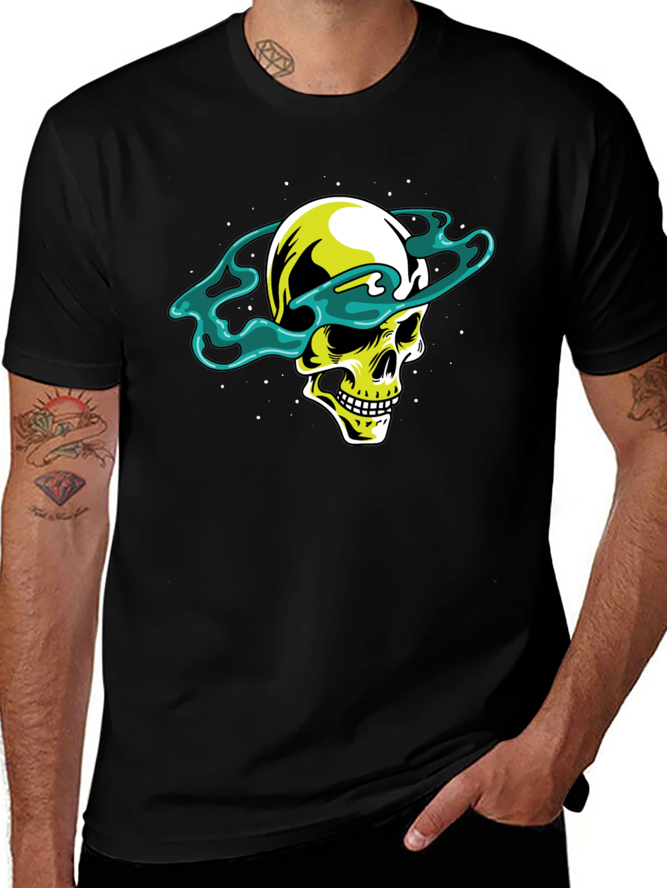 Variant 7 of Skull Saturn Graphic Tee - Cool Black T-Shirt