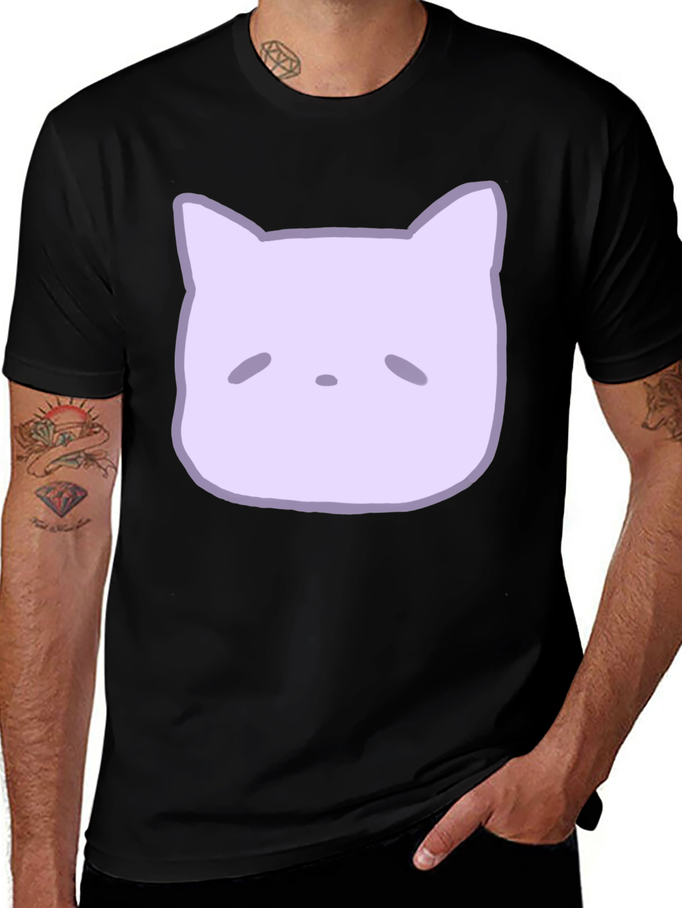 Variant 27 of Cute Sad Cat Graphic Tee - Black Cotton T-Shirt