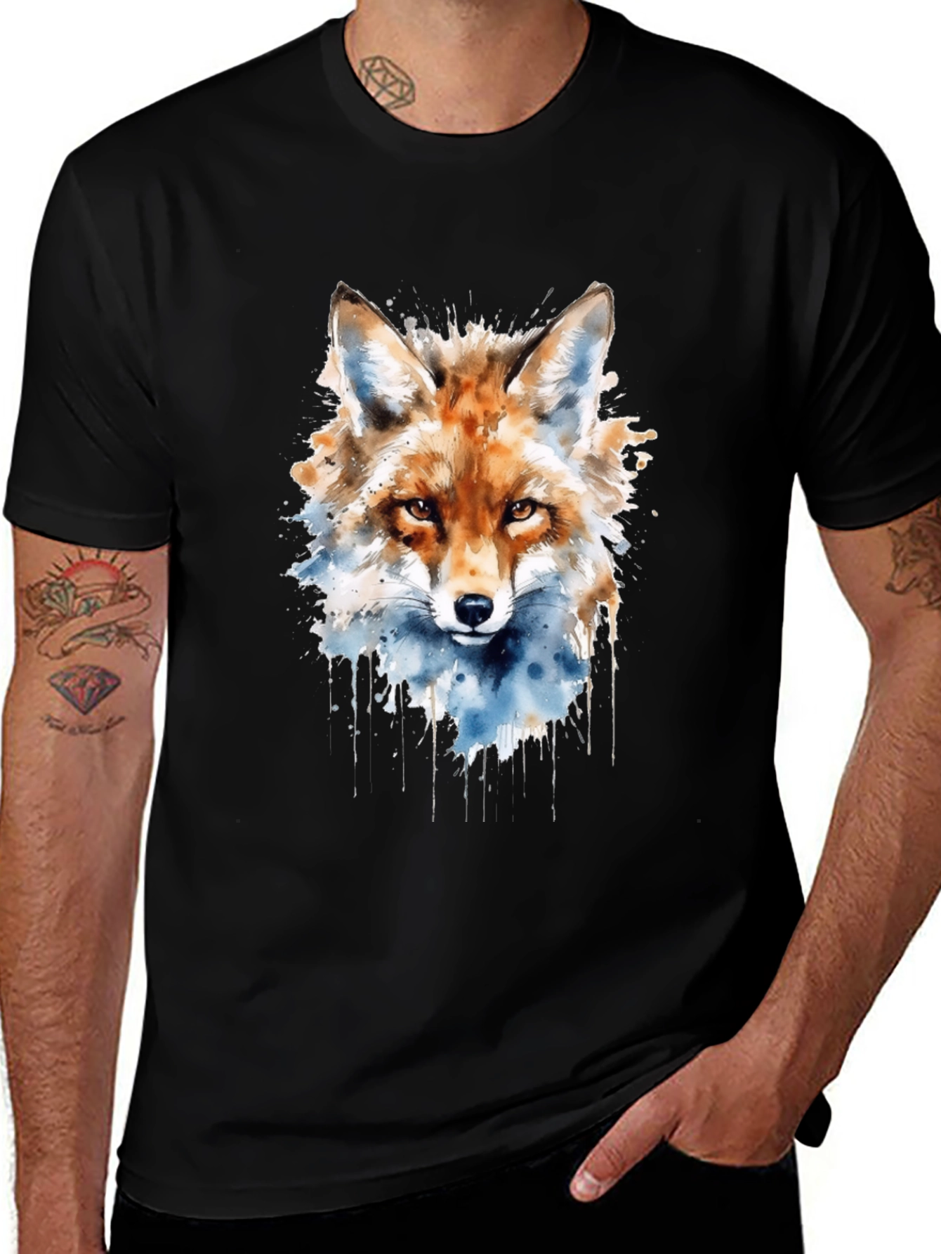 Variant 7 of Watercolor Fox Graphic Black T-Shirt