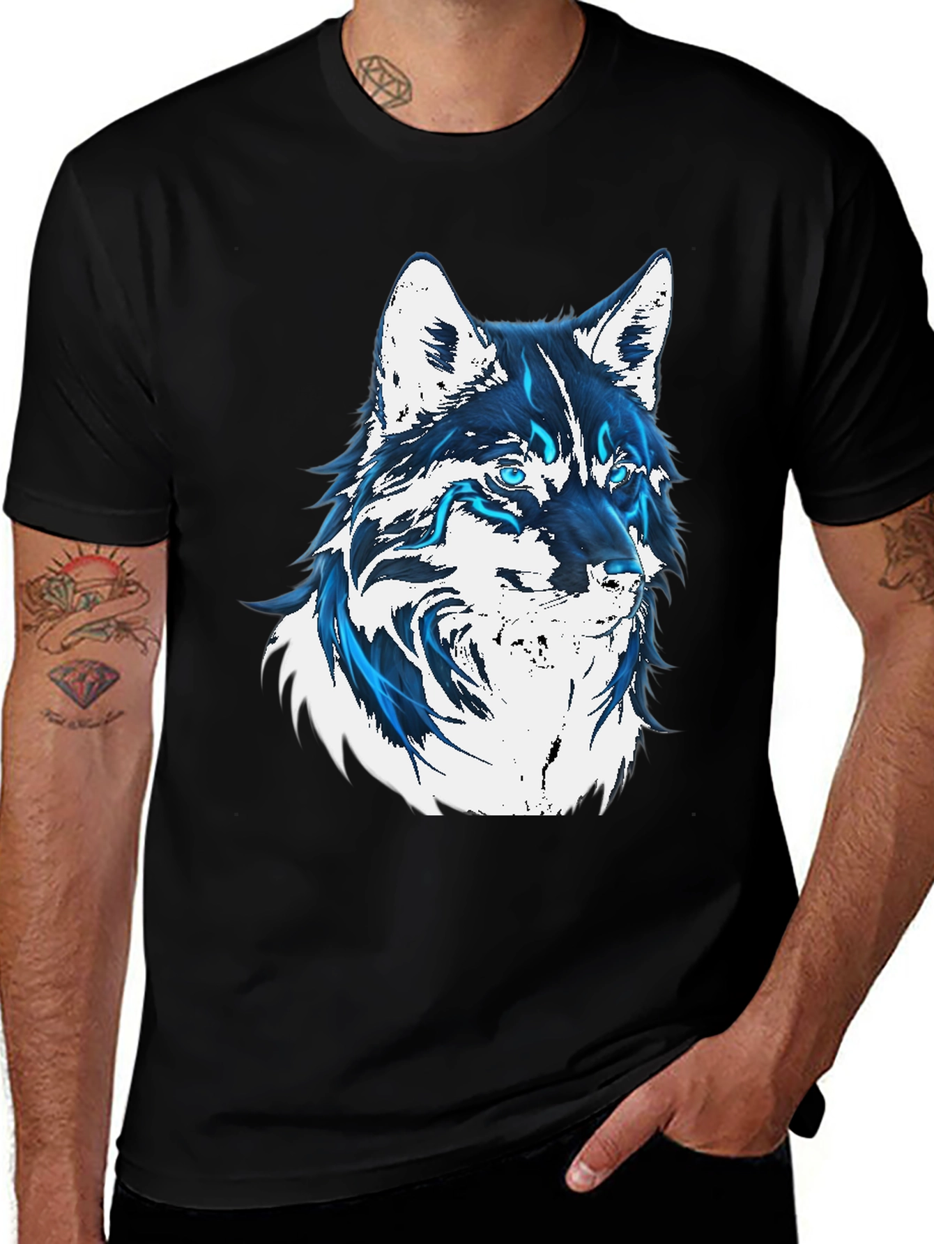 Variant 15 of Wolf Graphic Print T-Shirt - Cool Blue Design