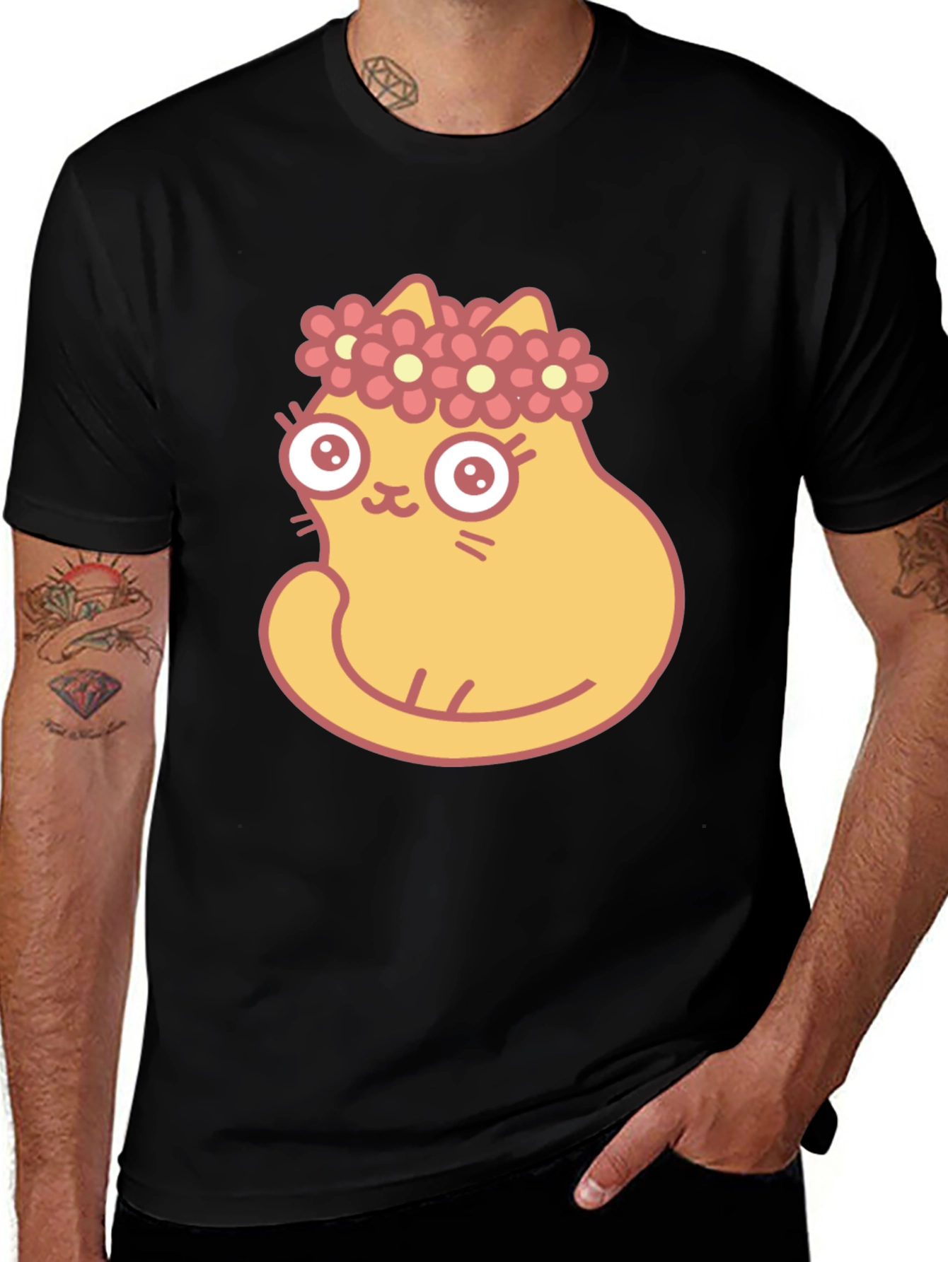 Variant 10 of Cute Cartoon Cat with Flower Crown Black T-Shirt
