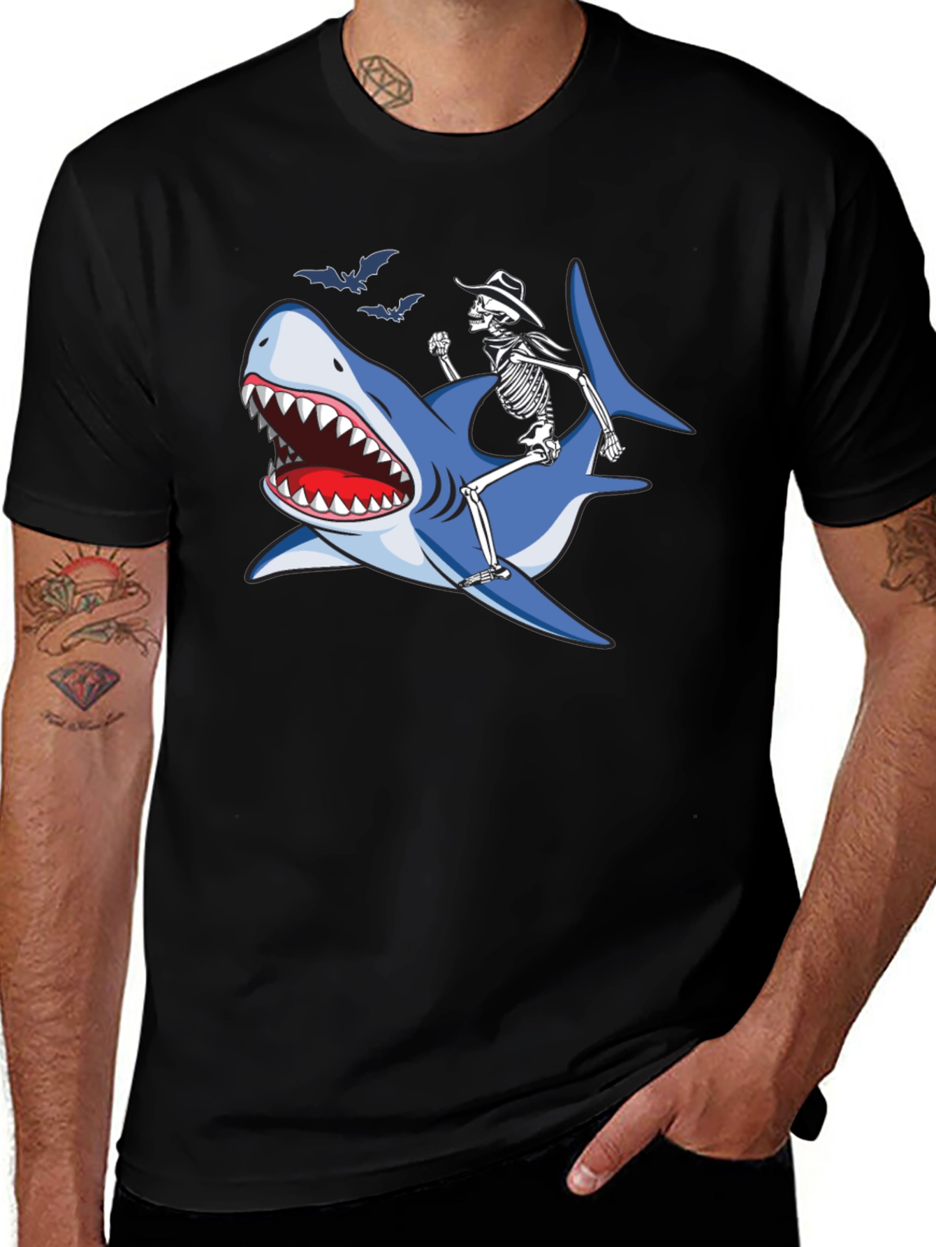 Variant 17 of Skeleton Riding Shark Graphic Tee