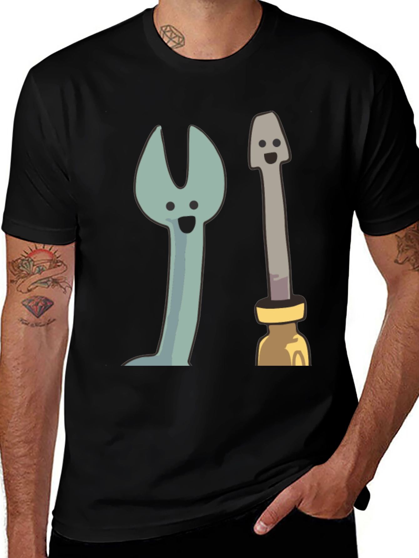 Funny Cartoon Tools Graphic Tee - Black