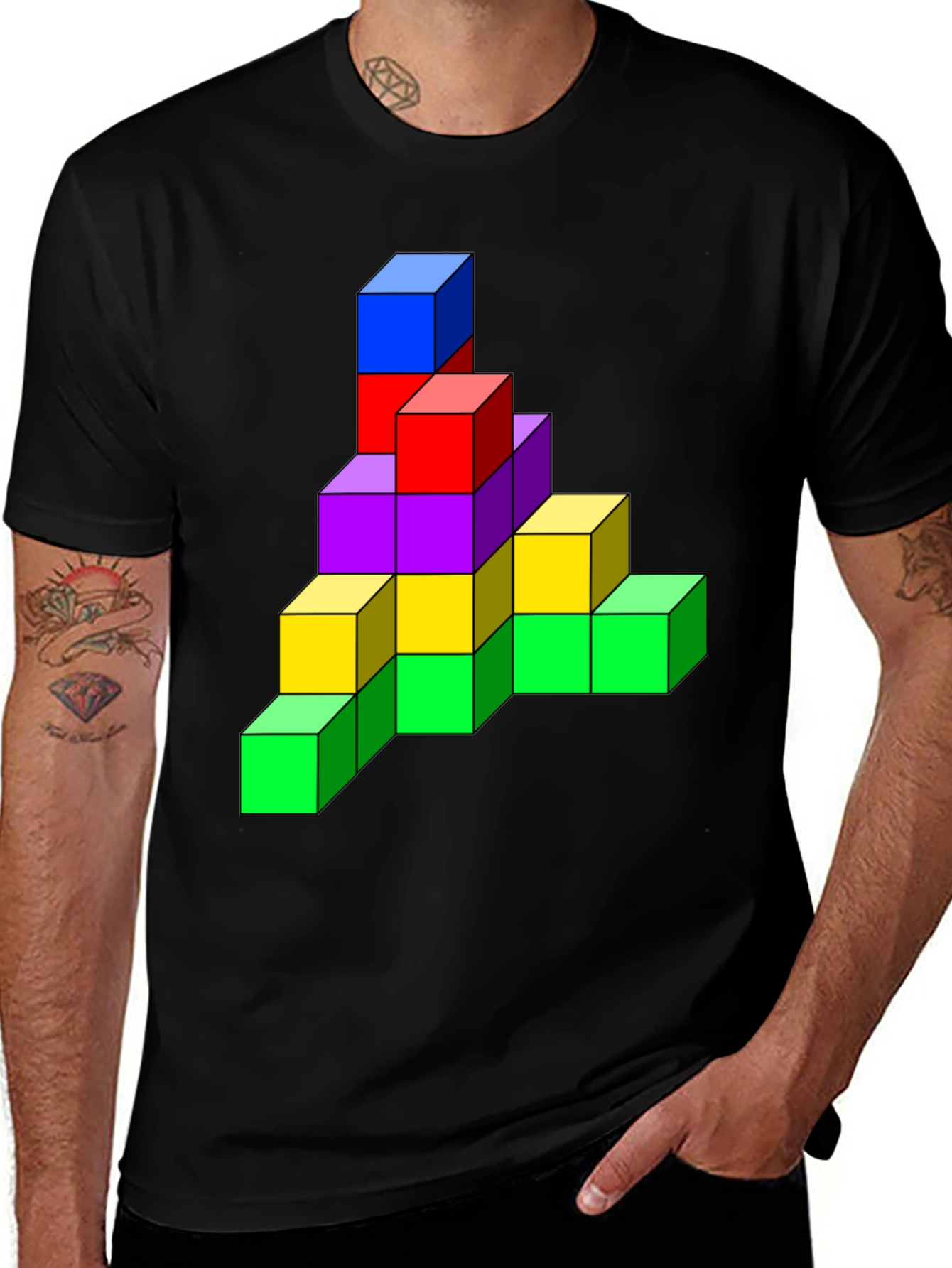 Variant 30 of Tetris Cube Graphic Tee - Funky Black T-Shirt