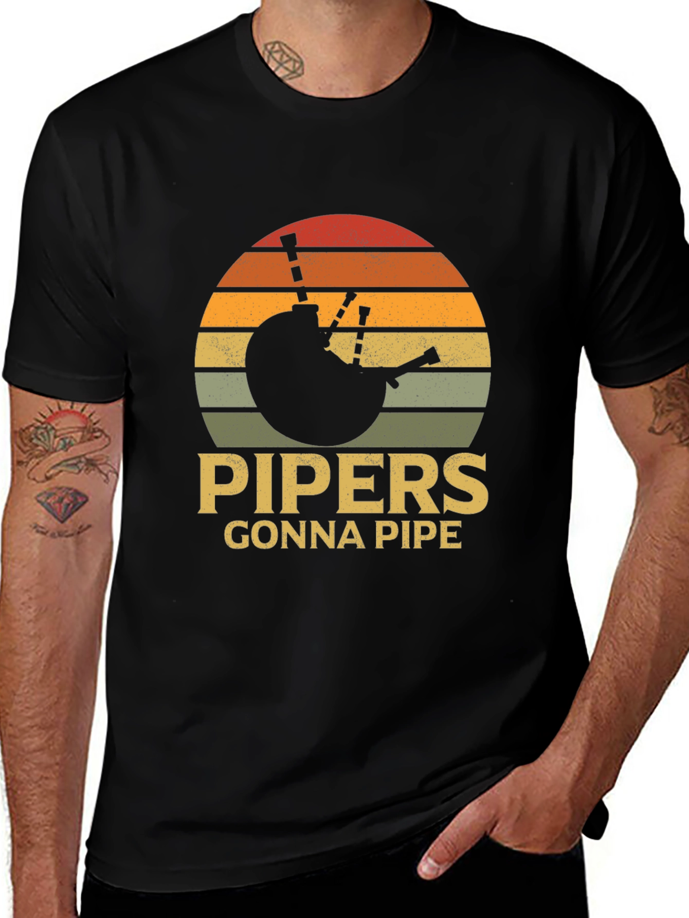 Variant 28 of Pipers Gonna Pipe T-Shirt - Retro Sunset Bagpipes