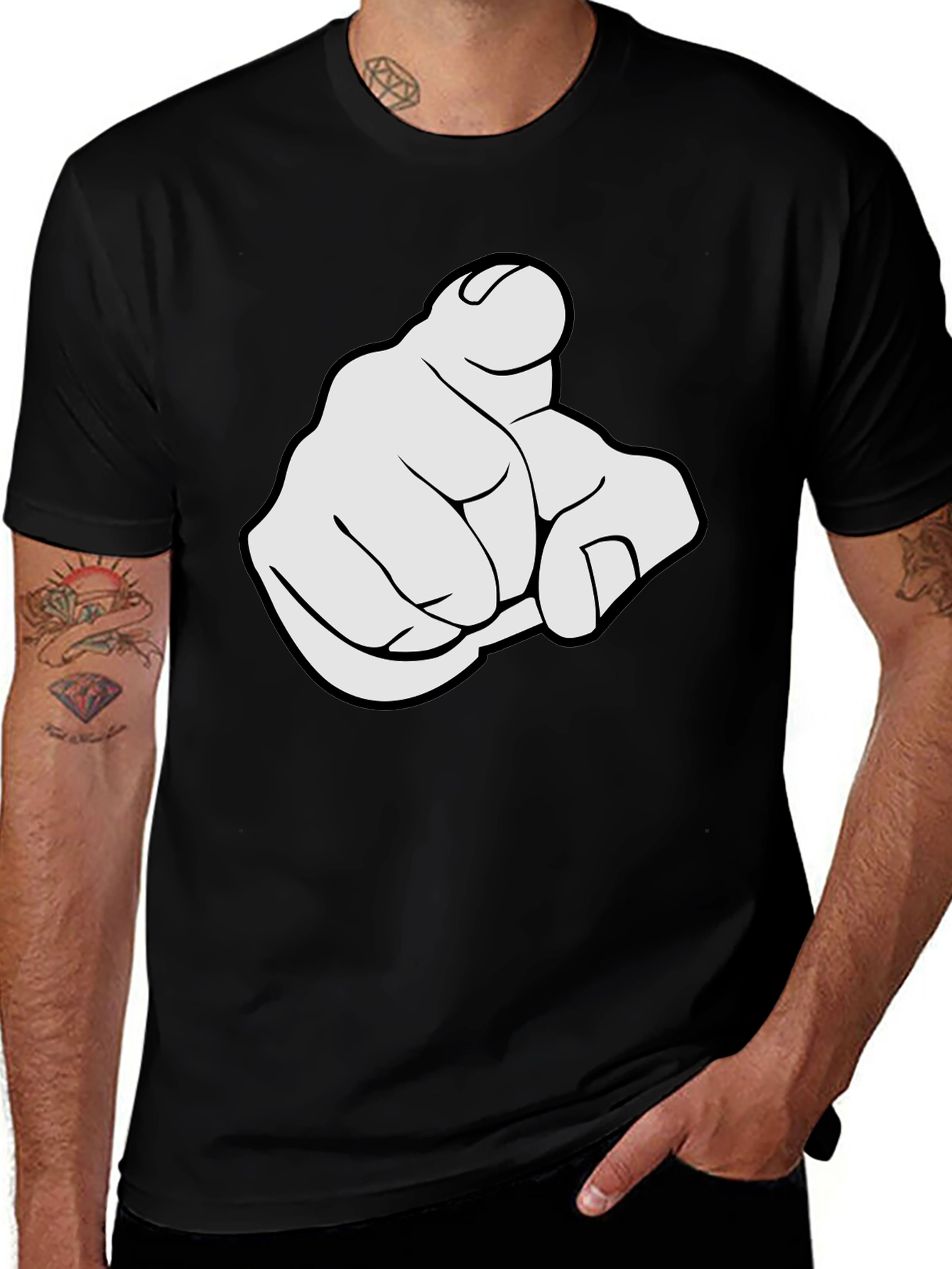 Cartoon Hand Pointing T-Shirt - Black Graphic Tee