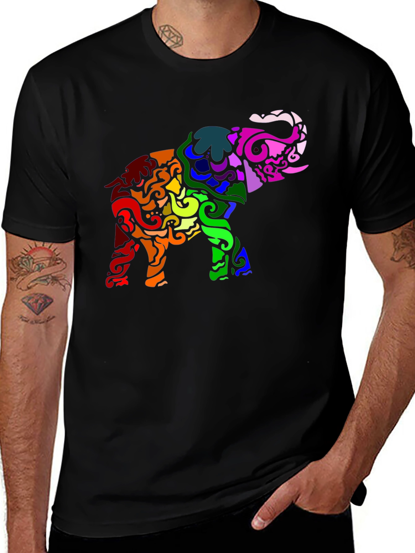 Variant 23 of Rainbow Elephant Graphic Tee - Black Cotton T-Shirt