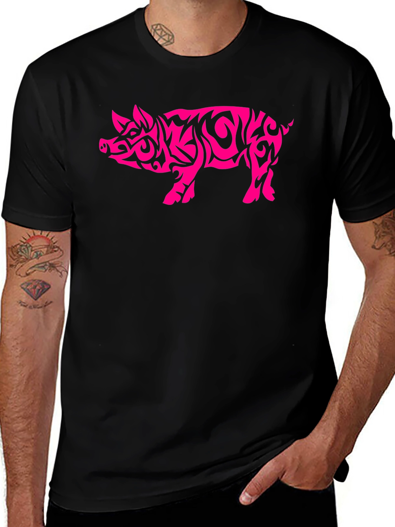 Variant 13 of Tribal Pig Graphic Tee - Black Cotton Shirt