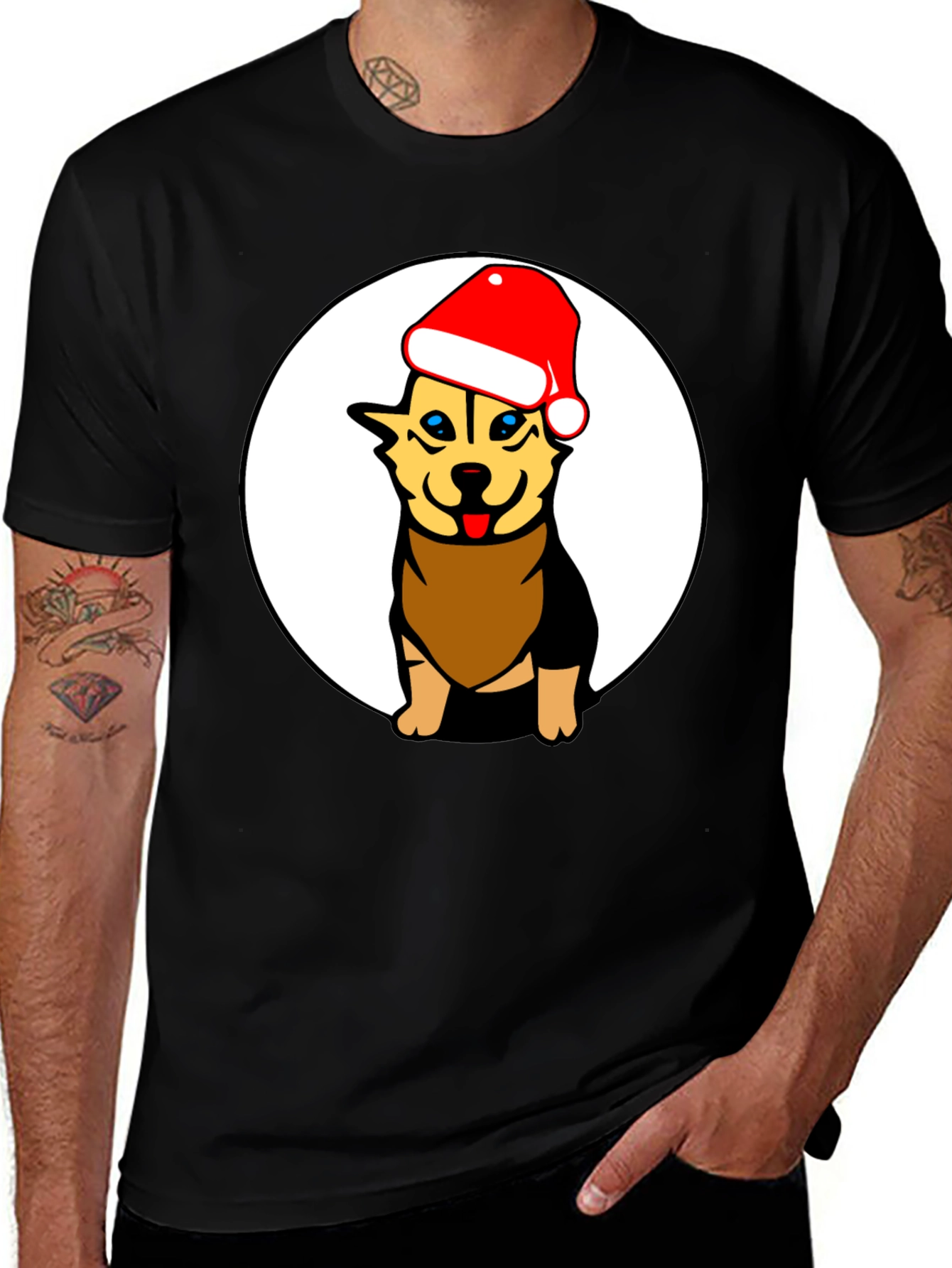 Variant 9 of Dog with Santa Hat Black Graphic Tee