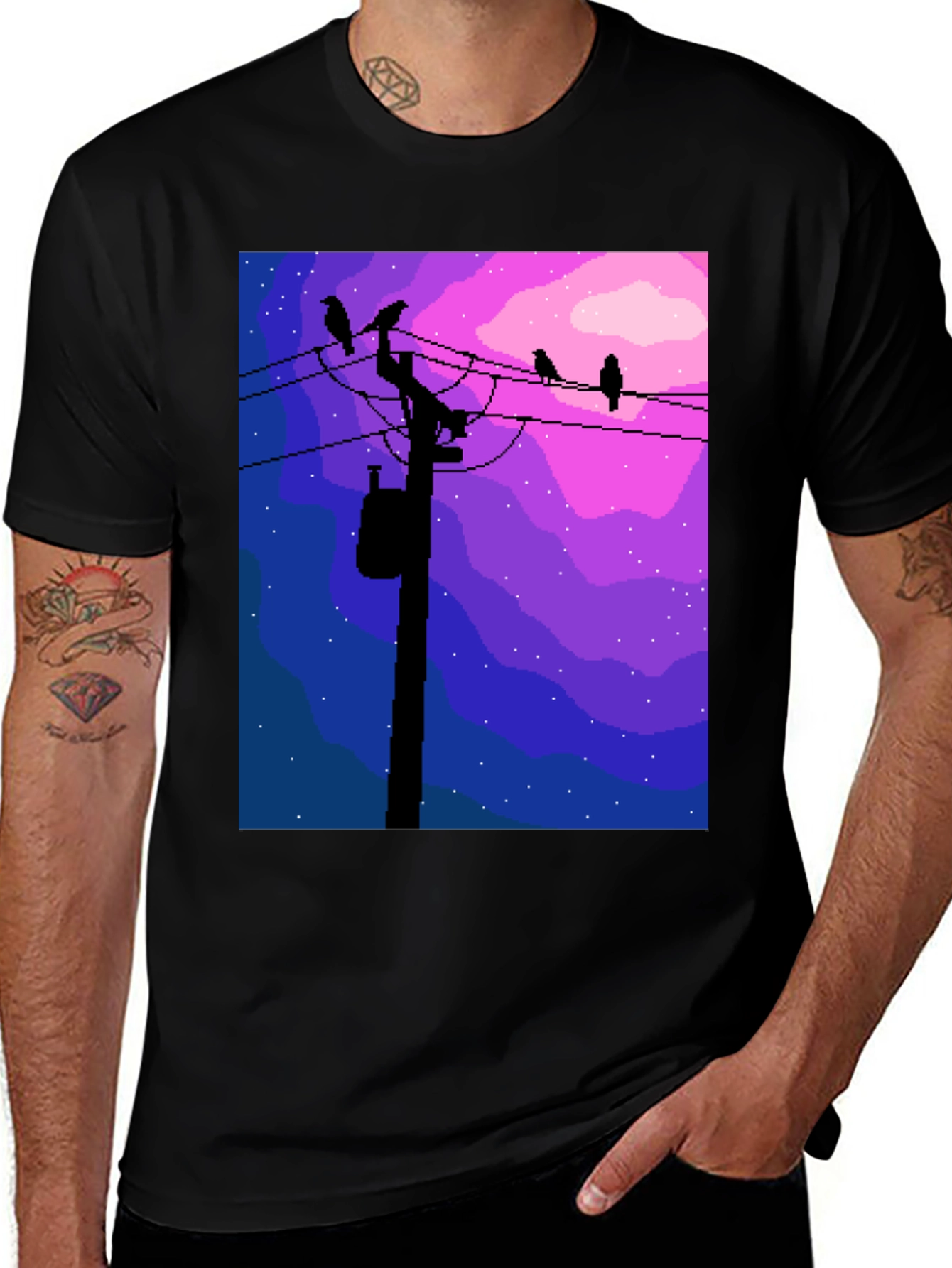 Variant 19 of Pixel Art Birds on a Wire Graphic Tee