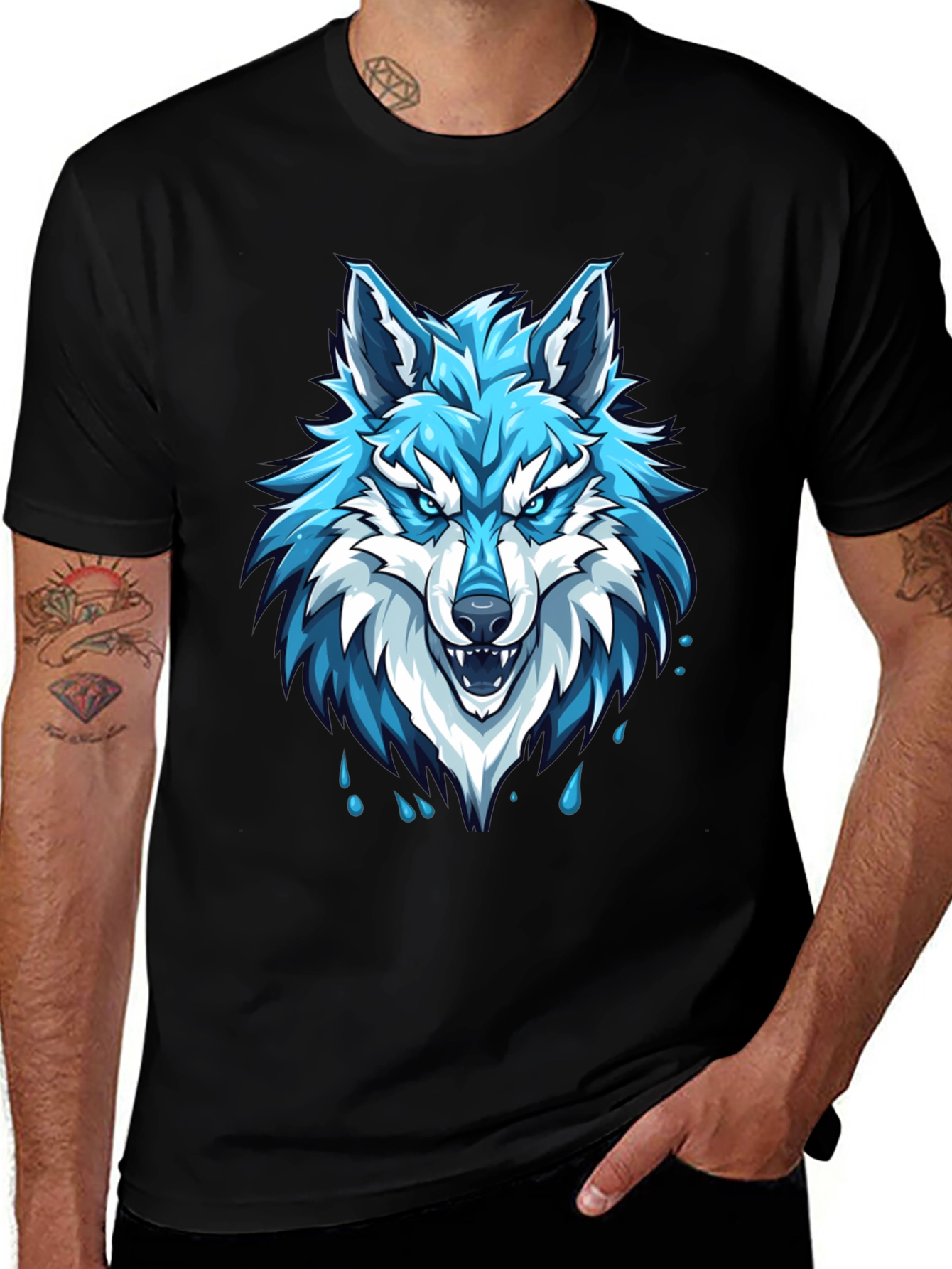 Variant 24 of Black T-Shirt with Fierce Blue Wolf Graphic