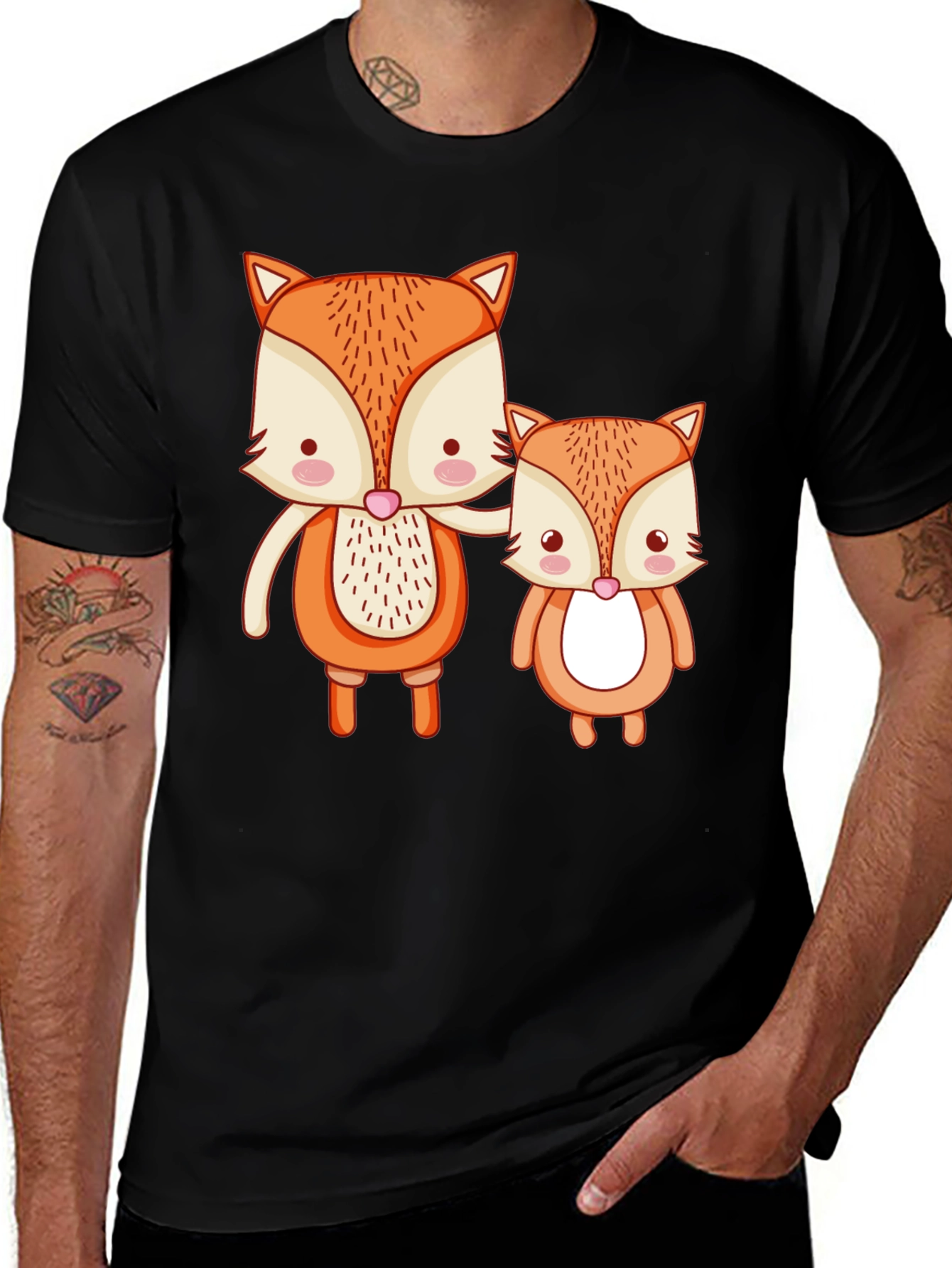 Cute Fox Family Graphic Tee - Black