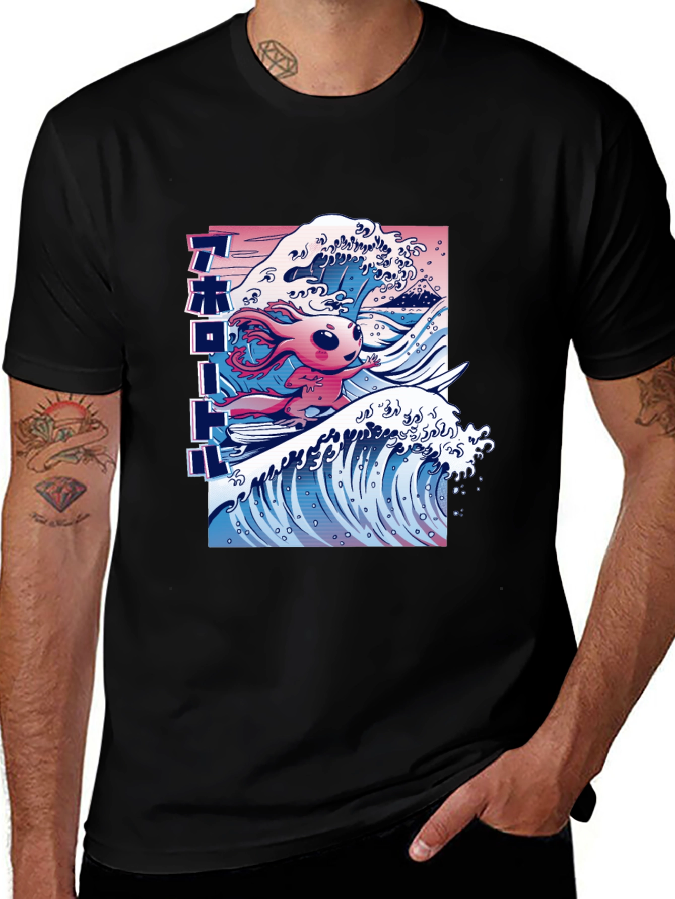 Variant 10 of Surfing Axolotl Graphic Tee - Black Cotton Blend T-Shirt